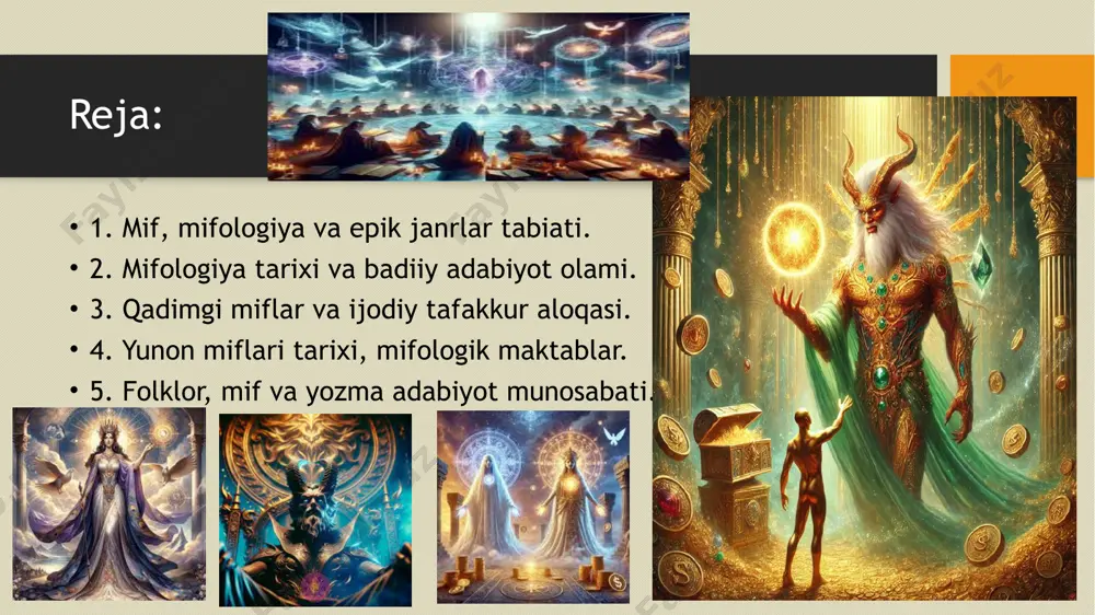 it qanday paydo bo‘lgan?” deb nomlangan mifda kit, tyulen kabi dengiz hayvonlari ishtirok etadi. shimolning ibtidoiy odamlari uchun kit muqaddas maxluq hisoblangan. ovchilarga uni ummon ma’budasi sedna yuborgan, deb bilishgan. agar sedna odamlardan xafa bo‘lsa, kit va tyulen yubormagan. kitni ovlashib, maydalashib, bir qism go‘shtni o‘zlariga, bir parchasini suyagiga qo‘shib ummonga, ma’budaga otishgan. otilgandan kit yana qayta tiriladi va sedna uni bizga beradi, deb ishonishgan. afrika miflari juda sodda, beg‘ubor bo‘lgan. chunonchi, ularning olamning yaratilishi bilan bog‘liq mifini olaylik. unga ko‘ra, bushmensan qabilasi quyoshning yaratilishini shunday tushuntiradi: ulkan bir maxluq bor bo‘lib, bir qo‘lini ko‘tarishi bilan qo‘ltig‘i ostidan quyosh chiqadi, yer yuzi nurga chulg‘anadi. mabodo, u qo‘lini tushirsa, olamni zulmat qoplab oladi. o‘rta osiyo miflari. ahuramazda ahriman “avesto”, “kitobi dada qo‘rqut”, “o‘g‘uznoma” kabi ko‘hna asarlarda o‘rta osiyoda yashaydigan xalqlarning, jumladan, turkiylarning mifologik dunyoqarashi aks etgan afsonalar o‘rin olgan. “avesto”da ahuramazda va ahriman, biri ezgulikning, boshqasi esa yovuzlikning ramzi bo‘lib keladi. …