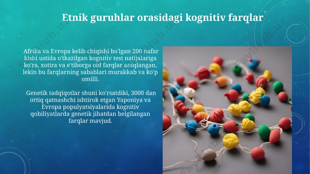 a'sir qiladi, bu esa shimoliy amerikadagi tadqiqotlarda aniqlangan. genetika va kognitiv funksiyalar o'rtasidagi bog'liqlik evropa aholisi orasida o'tkazilgan genom tadqiqotlari shuni aniqladiki, bir qator genlarning polimorfizmlari xotira, e'tibor va ijro funksiyalari kabi kognitiv xususiyatlar bilan bog'liq bo'lib, ularning ta'siri turli xil etnik guruhlarda farq qilishi mumkin. yaponiyalik tadqiqotchilar tomonidan o'tkazilgan tadqiqotlar shuni ko'rsatdiki, kognitiv qobiliyatlarning individual farqlari genlarning murakkab o'zaro ta'siri va atrof-muhit omillari bilan bog'liq bo'lib, taxminan 50% ga genetik omillar ta'sir ko'rsatadi. e'tiboringiz uchun rahmat @taqdimot_robot image3.png image4.jpg image5.jpg image6.jpg image7.jpg image8.jpg image9.jpg image10.jpg image11.jpg image12.jpg