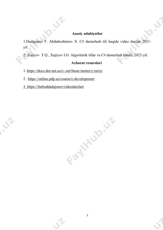 { class program { static void main(string[] args) { console.write("n = "); int n = int.parse(console.readline()); double[] numbers = new double[n]; for (int i = 0; i maxnegative) { maxnegative = number; } } if (maxnegative == double.minvalue) { console.writeline("manfiy sonlar yo’q."); } else { console.writeline("eng katta manfiy son" + maxnegative); } console.readkey(); }}} ---------------------------------------------------------------------------------------------------- 8.10: o‘nlik kasr soni z uchun uning sanoq sistemasidagi verguldan keyingi to‘rt xona aniqlikdagi ko‘rinishi hosil qilinsin. using system; using system.collections.generic; using system.linq; using system.text; using system.threading.tasks; namespace consoleapplication44 { namespace decimaltobase { class program { static void main(string[] args) { console.write("o'nlik sanoq sistemasidagi son: "); int decimalnumber = int.parse(console.readline()); console.write("enter the base (2 0) { int remainder = decimalnumber % targetbase; result = digits[remainder] + result; decimalnumber /= targetbase; } console.writeline("natija: " + result); } } } } ---------------------------------------------------------------------------------------------------- 9.17: berilgan natural sondan katta bo‘lmagan barcha “do‘st” sonlar juftiligi chop etilsin (ikkita natural son …