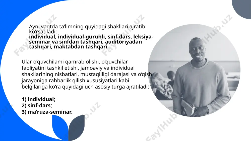 mustaqil faoliyatlarini turli shakllaridan birga foydalanish, operativ qayta aloqani ta’minlash, amaliy nazorat va boshqaruvni amalga oshirish, ilmiy mo‘ljal va darsni mahorat bilan o‘tkazishni ta’minlash kabilar kiradi. 8 tarbiyaviy talablar darsga nisbatan qo‘yiladigan tarbiyaviy talablar o’quv materialining tarbiyaviy imkoniyatlarini aniqlash, darsdagi faoliyat, aniq erishilishi mumkin bo‘lgan tarbiyaviy maqsadlarni shakllantirish va qo‘yish, faqat o‘quv ishlari maqsadlari va mazmunidan tabiiy ravishda kelib chiqadigan tarbiyaviy masalalarni belgilash, o’quvchilarni umuminsoniy qadriyatlarda tarbiyalash, hayotiy muhim sifatlar (tirishqoqlik, tartiblilik, mas’uliyatlilik, intizomlilik, mustaqiliik, uquvchanlilik, e’tiborlilik, halollik va boshqalar)ni shakllantirish, o’quvchilarga diqqat-e’tiborli munosabatda boʻlish, pedagogik odob talablariga amal qilish, o’quvchilar bilan hamkorlik va ularning muvaffaqiyat qozonishlaridan manfaatdor bo’lishdan iborat. 9 rivojlantiruvchi talablar barcha darslarda doim amalga oshirilib boriladigan rivojlantiruvchi talablarga o’quvchilarda o‘quv-bilish faoliyati ijobiy sifatlari, qiziqish, ijodiy tashabbuskorlik va faollikni shakllantirish hamda rivojlantirish, o’quvchilarning idrok etish imkoniyatlari darajasini o’rganish, hisobga olish, «rivojlanishning yaqin zonasini loyihalashtirish», «o’zib ketish» darajasidagi o’quv mashg’ulotlarini tashkil etish, rivojlanishidagi yangi o’zgarishlarni rag’batlantirish, o’quvchilarning intellektual, emotsional, …