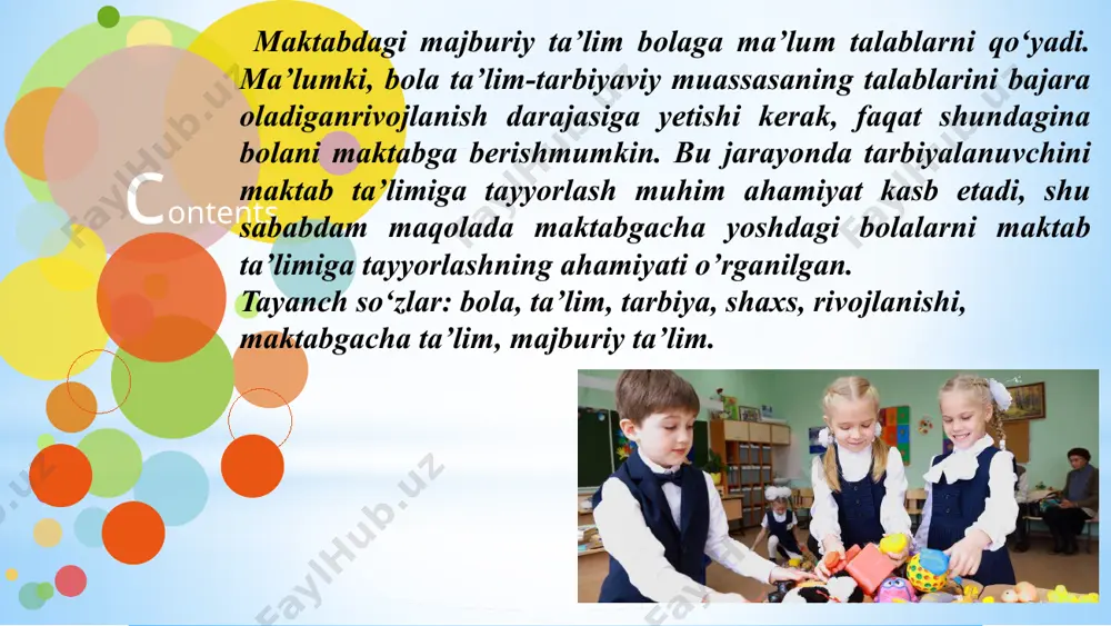 dan tashqari kunning ikkinchi qismida ham ma’lum vaqtni darslarni tayyorlashga ajratish kerak. maktabda bolao‘z xohishi va qiziqishi bilan tanlagan mashg‘ulotlar chegaralangan. bola maktab tartibi va darslar jadvaliga bo‘ysunishi kerak. har qanday ob-havoda bola maklabga vaqtida kelishi, o‘quv qurollarini olib kelishi, maktab ta’lim sharoitlariga ko‘nikishi kerak. darslarda ma’lum vaqt tinch o‘tirib, diqqatini bir joyga jalb qilib ishlashi tanaffusda esa nisbatan qisqa vaqt ichida o‘z kuchlarini tiklab olishi kerak boladi shunday qilib, maktab hayotiga jismoniy va ruhiy jihatdan o‘rganish uchun bola eng avval sog‘lom, jismoniy chiniqqan va chidamli boiishi kerak. sistemali ta’lim uchun bolaning aqliy rivojlanishi, ya’ni, aniqrog‘i, maktabga umumiy ruhiy tayyorgarligi muhim deb hisoblanadi. bola odamlar, jismlar va tevarak-atrofdagi hodisalar haqida ma’lum tasavvur bilan maktabgakelishi kerak. bolaning o‘quv materialni o‘zlashtirishi va ta’limning bola qobiliyatlariga mos kelishi uning aqliy faoliyatiga bog‘liq bo‘ladi bolaning yaxshi o‘qishiga aqliy faoliyatining rivojlanish darajasi, idrok, tasavvur, xotira va tafakkur funksiyalari hamda aqliy faoliyat bilan shug‘ullanish odatlari ta’sir …