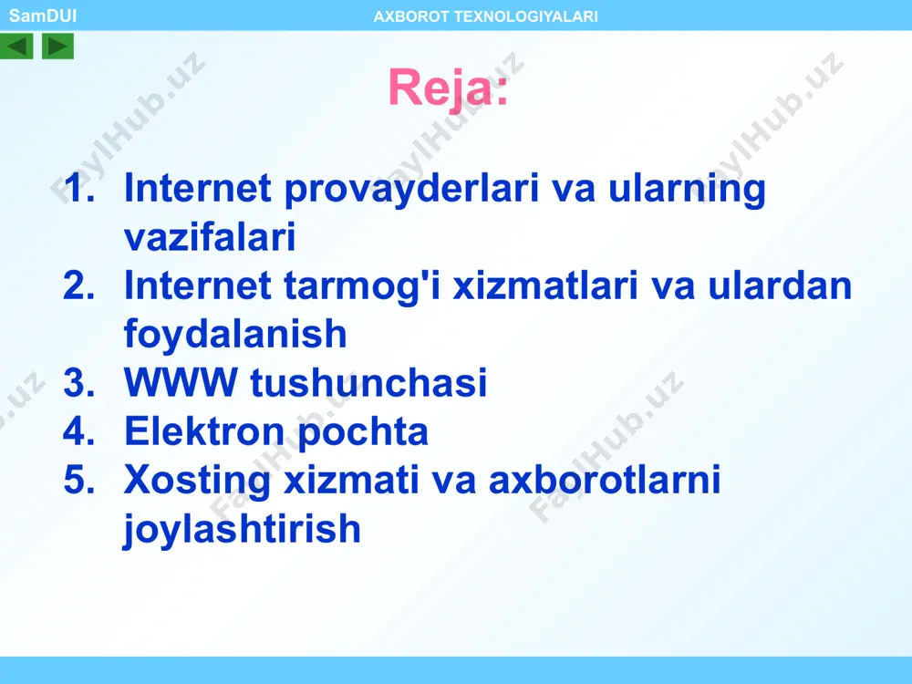 oq. www – bu internetga ulangan turli kompyuterlarda joylashgan o'zaro bog'langan hujjatlarga murojaat qilishni ta'minlab beruvchi tarqoq tizimdir. aynan mana shu xizmat internetdan foydalanishni soddalashtirdi va ommaviylashtirdi . www asosida to'rtta poydevor mavjud : barcha hujjatlarning yagona formati (shakli); gipermatn ; hujjatlarni ko'rish uchun maxsus dasturlar (brouzer); yagona manzilni ko'rsatish tizimi (domen); www tushunchasi samdui axborot texnologiyalari elektron pochta elektron pochta - bu internet tarmog'i orqali xabarlar almashish xizmati hisoblanib, asosan ikkita ishtirokchi tashkil etadi: elektron pochta serveri (smtp, pop3) - xabarlarni jo'natish va qabul qilishni ta'minlash elektron pochta klienti - xabarlarni yaratish, o'qish va javob qaytaruvchi elektron pochta xizmati quyidagi imkoniyatlarni taqdim etadi : xabarlarni tezkor almashish (bir necha daqiqa) xabarlarga qo'shimcha ma'lumotlarni ilova qilish xabarlarga rasm va multimedia ma'lumotlarini joylashtirish elektron pochta orqali xabarlarni uzatish va qabul qilish xosting xizmati va axborotlarni joylashtirish samdui axborot texnologiyalari foydalanuvchi veb-sahifalarini internet provayderi serverida joylashtirish va joriy qilish amali xosting deb …