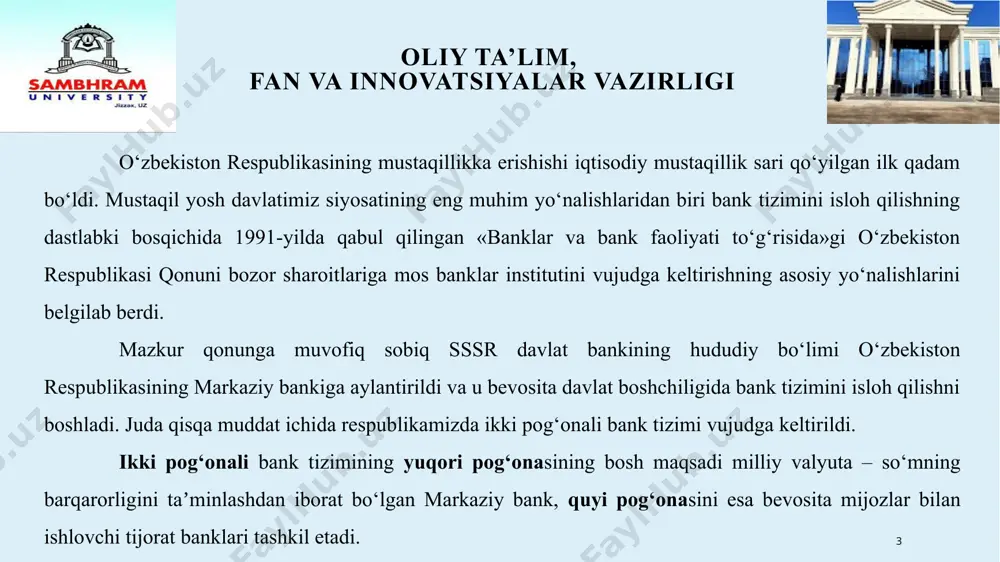 va innovatsiyalar vazirligi bank tizimining takomillashtirilishi natijasida vujudga kelgan maxsus ixtisoslashgan banklar dastlab quyidagilardan iborat bo’lgan 1 sanoat qurilish banki 2 kommunal qurilish va sotsial taraqqiyot banki 3 agrosanoat banki 4 5 tashqi iqtisodiy faoliyat banki jamg‘arma banki 8 oliy ta’lim, fan va innovatsiyalar vazirligi o‘zbekiston respublikasi prezidentining “aksiyadorlik tijorat banklarini faoliyatini takomillashtirish chora tadbirlari to‘g‘risida”gi 1998-yil 2-oktyabrdagi farmonining qabul qilinishi muhim ahamiyatga ega bo‘ldi. mazkur farmon tijorat banklarini boshqarishda aksiyadorlarning va bank kengashining rolini oshirishga doir chora-tadbirlar majmuini belgilab berdi. ushbu farmon asosida amalga oshirilgan islohotlar natijasida mamlakatimizda har tomonlama mustahkam bank tizimi, xalqaro andozalarga mos keluvchi zamonaviy bank nazorati va banklar faoliyatini tartibga solishning samarali mexanizmi yaratildi. 9 oliy ta’lim, fan va innovatsiyalar vazirligi hurmatli talabalar mamlakatimizda bank sohasini yanada isloh qilish o‘zbekiston respublikasi prezidentining “bank tizimini yanada erkinlashtirish va isloh qilish borasidagi chora-tadbirlari to‘g‘risida”gi 2000 yil 21 martdagi farmoni va vazirlar mahkamasinig «bank tizimini isloh qilishga doir …