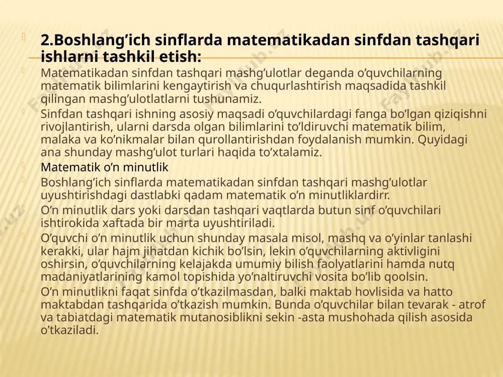 torinada tavsiya etilgan savollar turlicha qiyinlikda bo’lib, unga ko’proq o’quvchilarning qatnashuviga erishish kerak. matematik viktorinalar har xil o’tkazilishi mumkin. quyidagi ikki xilini misol tariqasida keltiramiz: savollar (misol, masalalar) o’qituvchi tomonidan o’quvchilarga og’zaki beriladi yoki doskaga oldindan yozib qo’yiladi. javobni ham o’quvchilar og’zaki tayyorlaydilar. yoki o’z daftarlariga qisqa, ya’ni o’zlari eslab turishlari uchun kerakli narsalarni yozib turadilar. o’qituvchi o’quvchilardan bir nechtasi qo’l ko’targuncha kutib turib, keyin birinchi bo’lib qo’l ko’targan o’quvchini so’raydi. agar birinchi qo’l ko’targan o’quvchi noto’g’ri javob bersa, ikkinchi uchunchi va qo’l ko’targan o’quvchilardan (to’g’ri javob olguncha) so’raladi: agar o’qituvchi savolni doskaga yoki qog’ozga oldindan yozib qo’yiladigan bo’lsa u o’quvchilarga ishlash uchun buyruq beradi va javoblarni daftarga yozib to’g’riligiga ishonch qilgandan keyin qo’l ko’tarish kerakligini aytadi. o’qituvchi qo’l ko’targan o’quvchilar oldiga borib berilgan savol, masala yoki misol javobini ko’radi. so’ngra avval qo’l ko’targan o’quvchiga javobni aytishga va javobini tushuntirib berishga ruxsat beradi. 4.boshlang’ich sinfda matematikadan to’garak mashg’ulotlarini tashkil etish …