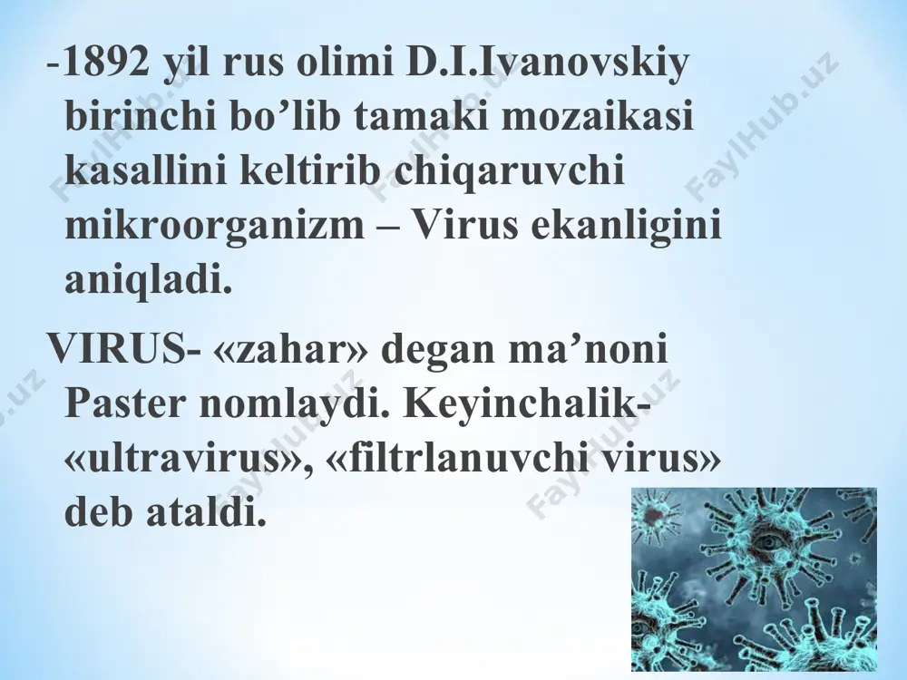 ydi. kapsid - struktura birikmalari kapsomerlardan tashkil topgan. har bir kapsomer bitta yoki bir nechta bir xil polipeptid zanjirlardan iborat. eng oddiy virus nukleokapsiddan - kapsid bilan oʼralgan nuklein kislotasidan iborat. аyrim viruslar murakkabroq tuzilishga ega boʼlib (gripp virusi) yana superkapsid peplos qavatiga ega. superkapsid - hujayra yoki virus hisobiga hosil boʼlgan materialdan tashkil topgan qavat. kapsidning funktsiyasi: nuklein kislotasini tashqi noqulay taʼsirlardan saqlaydi. yuzalarida bir xil hujayraga soʼrilishini (adsorbtsiyasini) taʼminlaydi. kapsid bilan viruslarning antigenligi va immunogenli xususiyatlari bogʼliqdir. nuklein kislota iplarining soniga qarab: 1 – ipli dnk tutuvchi 2 – ipli dnk tutuvchi 1 – ipli rnk tutuvchi 2 – ipli rnk tutuvchi viruslar farqlanadi -hujayra tuzilishiga ega emas. -juda mayda, elektron mikroskopda koʼriladi -oʼzida faqat bitta nuklein kislota: yoki dnk yoki rnk tutadi -obligat hujayra ichi paraziti, chunki oʼzida xususiy modda almashinish boʼlmaydi. -disʼyunktiv ( uzilib – uzilib) koʼpayadi. -sunʼiy muhitlarda oʼsmaydi, faqat tirik hujayra ichida koʼpayadi. 3 …