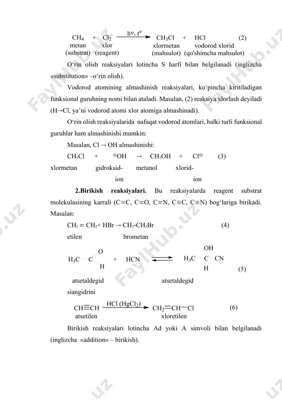 g qanday borishini to‘la bilib olish tushuniladi. mexanizmlarni o‘rganishda eski kovalent bog‘larning uzilishi va yangi kovalent bog‘larning hosil bo‘lishi qanday tartibda, qaysi faol zarrachalarning hosil bo‘lishi orqali borishi aniqlanadi. reaksiya jarayonida substrat va reagent orasida valent elektronlar qayta taqsimlanadi. substrat molekulasidagi kovalent bog‘ning uzilish tipiga ko‘ra organik reaksiyalar gomolitik (radikal) va geterolitik (ionli) reaksiyalarga bo‘linadi. radikal reaksiyalar (indeksi r) kovalent bog‘larning gomolitik uzilishi bilan boradi: a b a+b bu reaksiyalarda erkin radikallar (toq elektroni bor elektroneytral atomlar yoki atomlar guruhi) reagent hisoblanadi. yangi kovalent bog‘ hosil bo‘lishida reagent va substratning har ikkalasidan bittadan elektron qatnashadi. masalan, alkanlarning xlorlanishi quyidagicha boradi: cl cl 2cl r h + cl r + hcl substrat reagent r + cl cl r cl + cl elektromanfiyligi yaqin elementlar atomlaridan tuzilgan (qutbsiz yoki kuchsiz qutblangan cc, n n, ch bog‘lari bor) organik moddalar yuqori harorat, yuqori energiyali nur (ub-nur, radioaktiv nurlanish) ta’sirida, shuningdek, erkin radikallarga oson …