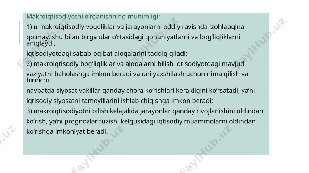 ndamental asoslarini kembridj maktabi vakili taniqli ingliz iqtisodchisi djon meynard boshlab berdi. 1936 yilda keyns makroiqtisodiy tahlil asosiga qurilgan «bandlik, foiz va pullarning umumiy nazariyasi» nomli kitobini keng ommaga taqdim etdi. kelib chiqish jihatidan makroiqtisodiyot ham mikroiqtisodiyot kabi iqtisodiyot nazariyasi faning bir bo’limi hisoblanadi. makroiqtisodiyot so’zi grekchadan olingan bo’lib «makro» «katta», «iqtisodiyot» so’zi esa - «xo’jalik yuritish» degan ma’noni anglatadi. makroiqtisodiyotning аsоsiy mаsаlаlаri dаvlаt bаrqаrоr iqtisоdiy o’sishgа erishishni qаndаy tа’minlаshi mumkin? bаhоlаr dаrаjаsi nimа vа uning dinаmikаsini qаysi оmillаr bеlgilаb bеrаdi? iqtisоdiy kоn’yukturа o’zgаrishlаrini qаysi оmillаr bеlgilаb bеrаdi? bаndlik dаrаjаsini nimа bеlgilаb bеrаdi? mаmlаkаtning iqtisоdiy kоn’yukturаsigа tаshqi dunyo qаndаy tа’sir ko’rsаtаdi? o‘zbekistonda iqtisodiy o’sish sur’atlari, foizda 1993 1994 1995 1996 1997 1998 1999 2000 2001 2002 2003 2004 2005 2006 2007 2008 2009 2010 2011 2012 2013 2014 2015 2016 2017 2018 2019 2020 2021 -2.2999999999999998 -5.2 -0.9 1.7 5.2 4.3 4.3 3.8 4.2 4 4.2 7.4 7 7.5 9.5 …