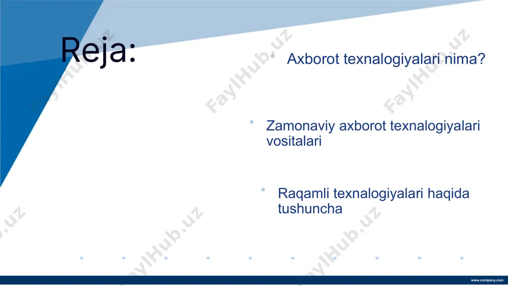 malari orqali o'quv jarayonini takomillashtirish. - sog'liqni saqlashda telemeditsina va ma'lumotlarni boshqarish tizimlari. - moliyada raqamli to'lov tizimlari va investitsion platformalar. 4. umuman olganda, axborot texnologiyalari jamiyat rivojlanishida muhim ahamiyatga ega. www.company.com axborot texnologiyalari haqida qisqacha ta'rif: zamonaviy axborot texnologiyalari, ma'lumotlarni yig'ish, saqlash, uzatish va qayta ishlash jarayonlarini osonlashtirish uchun ishlab chiqilgan vositalar va tizimlardir. ular turli sohalarda, jumladan, biznes, ta'lim va sog'liqni saqlashda muhim ahamiyatga ega. axborot almashish jarayonida foydalaniladigan vositalar: ushbu vositalar ma'lumotlarni tez va samarali almashish imkoniyatini taqdim etadi. bunga internet, mobil qurilmalar, ijtimoiy tarmoqlar va bulutli xizmatlar kiradi, ular orqali foydalanuvchilar ma'lumotlarni osonlik bilan ulashishlari mumkin. zamonaviy vositalarning ro'yhati va ta'rifi: internet - global axborot tarmog'i, mobil qurilmalar - harakatda bo'lgan foydalanuvchilar uchun qulayliklar yaratadi, ijtimoiy tarmoqlar esa do'stlar va hamkasblar bilan aloqani osonlashtiradi. bulutli xizmatlar esa ma'lumotlarni saqlash va ularga har joydan kirish imkonini beradi. misollar: internet, bulutli xizmatlar: internet - zamonaviy axborot texnologiyalarining asosiy …