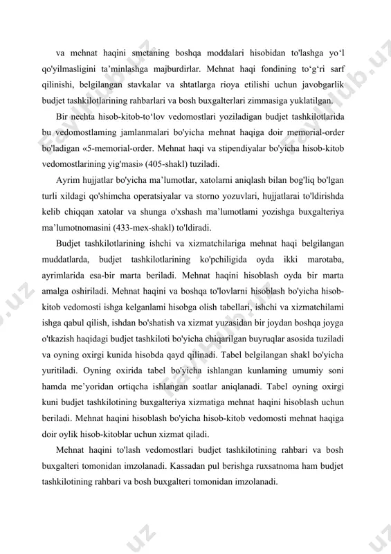 mehnat haqini hisoblash bo'yicha hisob-kitob vedomosti mehnat haqiga doir oylik hisob-kitoblar uchun xizmat qiladi. mehnat haqini to'lash vedomostlari budjet tashkilotining rahbari va bosh buxgalteri tomonidan imzolanadi. kassadan pul berishga ruxsatnoma ham budjet tashkilotining rahbari va bosh buxgalteri tomonidan imzolanadi. to'lash muddati tugagandan so'ng kassir vedomostni kassa hisoboti bilan birga buxgalteriyaga topshiradi. vedomostda mehnat haqini olmagan shaxslaming familiyalari qarshisiga «deponentlashtirilgan» tamg‘a(shtamp)nibosadiyokiqo'ldayozibqo'yadi.vedomostningoxirida haqiqatda to'langan mehnat haqi summasi va deponentlashtiriladigan summako'rsatiladi. xodimlar mehnat haqining deponentlashtirilgan summalari haqi-dagi ma’lumotlami kassir deponentlashtirilgan mehnat haqi va stipendiyalarning analitik hisobi kitobiga (441-shakl) yozishi kerak. kassir tomonidan vedomostda qilingan belgilar va deponentlashtirilgan mehnat haqi va stipendiyalarning analitik hisobi kitobida yozuvlar tekshirilgandan hamda to'langan va deponentlashtirilgan summalami qayta hisoblab chiqilgandan keyin buxgalteriya shu kunning o'zida haqiqatda to'langan mehnat haqi summasiga chiqim orderi yoziladi va kassaga bu summani kassa bo'yicha xarajatga chiqarish uchun, ya’ni, kassir hisobotiga qo'shish uchun beriladi. deponentlashtirilgan summalar mehnat haqi to'lash muddati tugagandan so'ng keyingi kuni bank …