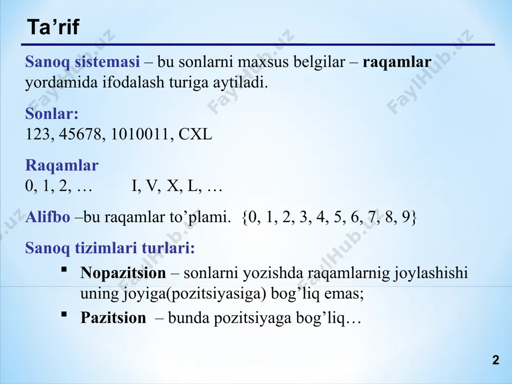 lik (1 fut = 12 dyuym, 1 shilling = 12 pens) yigirmalik (1 frank = 20 su) oltmishlik (1 minut = 60 sekund, 1 soat = 60 minut) yuzlik o’nlik birlik * * * sanoq sistemalari mavzu 2. ikkilik sanoq sistemasi * * * butun sonlarni ikkilikga o’tkazish ikkilik sanoq sitemasi: foydalaniladigan raqamlar: 0, 1 asosi(raqamlar soni): 2 10  2 2  10 19 19 = 100112 sanoq sistemasi 100112 4 3 2 1 0 darajalar = 1·24 + 0·23 + 0·22 + 1·21 + 1·20 = 16 + 2 + 1 = 19 2 9 18 1 2 4 8 1 2 2 4 0 2 1 2 0 2 0 0 1 * * * * tanlash usuli 10  2 77 = 64 + 77 77 64 ikkining darajalari bo’yicha ajratish: 77 = 26 + 23 + 22 + 20 + 8 + … + 4 …