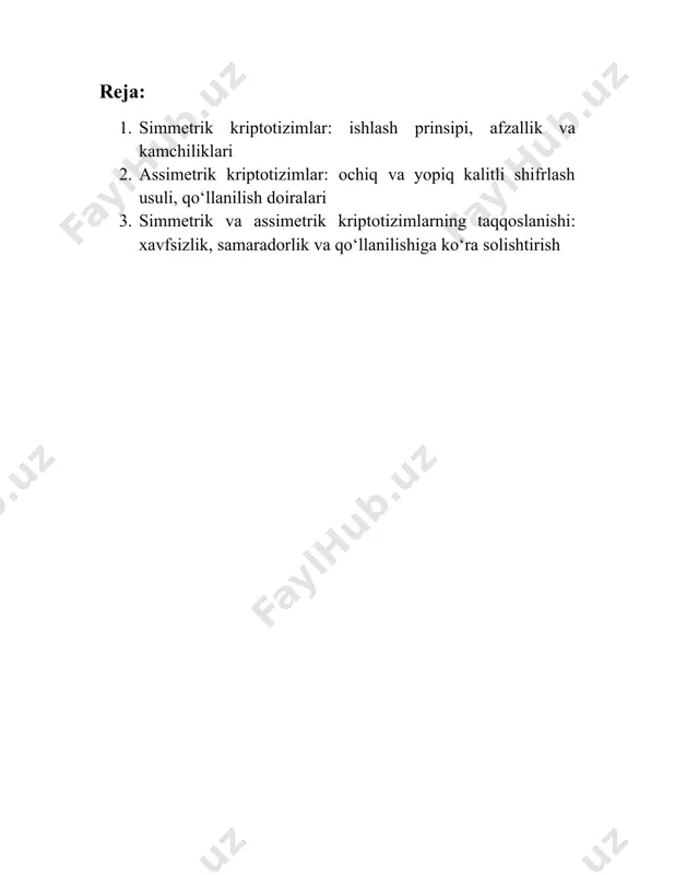 htirish va uni ruxsatsiz kirishdan himoyalashda keng qo‘llaniladi. ushbu usulda axborotni shifrlash va uni qayta tiklash uchun yagona, ya’ni bitta kalitdan foydalaniladi. aynan bir xil kalit vositasida amalga oshiriladigan shifrlash jarayoni uni boshqa kriptotizim turlaridan farqlab turadi. bu yondashuv kompyuter resurslari nuqtai nazaridan samarador, ammo axborot almashinuvi xavfsizligi bo‘yicha ba’zi muammolarga ega. simmetrik kriptotizimlarning ishlash mexanizmini tushunish uchun, avvalo uning asosiy bosqichlarini ko‘rib chiqish zarur. axborot yuboruvchisi tomonidan matn ma’lum bir kalit asosida maxfiylashtiriladi. qabul qiluvchi esa aynan shu kalit yordamida uni asl holatiga keltiradi. bu jarayonda kalitning xavfsiz saqlanishi va faqat ishonchli tomonlar o‘rtasida almashinishi hal qiluvchi ahamiyat kasb etadi. aks holda, istalmagan uchinchi tomonlar tomonidan ma’lumot osonlikcha tiklanishi mumkin bo‘ladi. tarixiy nuqtai nazardan qaralganda, simmetrik kriptotizimlar kriptografiya fanining ilk namunalaridandir. ular orasida des (data encryption standard) algoritmi o‘z vaqtida aqsh hukumati tomonidan rasmiy shifrlash standarti sifatida tasdiqlangan. biroq desning kalit uzunligi nisbatan qisqa bo‘lgani sababli, tez orada zaifliklari …