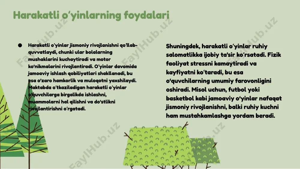nday tutishi kerakligini rejalashtiradi. jamoaviy ish - bu o'yinchilar o'rtasida samarali aloqa va hamkorlikni ta'minlash, bu esa o'yin jarayonida o'zaro bog'liqlikni oshiradi. har bir element o'yinlarda muvaffaqiyatli bo'lish uchun muhimdir. photo by marco canepa on unsplash o‘yinlarning ta'siri va foydalari harakatli oʻyinlar orqali sport turlarini o‘rganish jismoniy rivojlanish, jamoaviy hamkorlik va strategik fikrlash kabi muhim foydalar taqdim etadi. jismoniy faoliyat orqali organizm mustahkamlanadi, shuningdek, o‘yinchilar o‘rtasida jamoaviy ruh shakllanadi. o‘yinlar davomida qabul qilingan strategiyalar va qarorlar esa strategik fikrlashni rivojlantiradi. o‘yinlar orqali olingan tajribalar shuningdek, insonning shaxsiy o‘sishi va hayotdagi ko‘plab vaziyatlarda muvaffaqiyatli qarorlar qabul qilishiga yordam beradi. bu tajribalar, sportda va hayotda muvaffaqiyat qozonishga yordam beradigan ko‘nikmalarni shakllantiradi. xulosa 1. o'qituvchilarga mos sport turlari tanlovi yoshga qarab muhimdir, chunki ularning ta'siri ta'lim jarayonida sezilarli. 2. harakatli o'yinlar jismoniy rivojlanish, ruhiy salomatlik va jamoaviy hamkorlikni oshiradi, o'qituvchilar va o'quvchilar uchun foydali hisoblanadi. 3. o'quvchilarning qobiliyatlari va yoshi asosida sport turlarini …