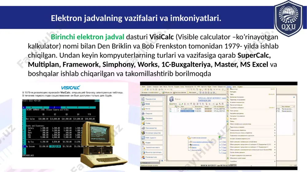 urma excel .xlam excelga qo‘shimcha funksional imkoniyatlar va vositalar qo‘shish uchun mo‘ljallangan. elektron jadval elementlari maydon (diapason) deb yonma-yon joylashgan kataklar guruhiga aytiladi. maydonning adresini ko`rsatish uchun uning yuqori chap va pastki o`ng kataklarining adresini ikki nuqta bilan ajratib ko`rsatish kerak. elektron jadvalning asosiy elementlari esa katak va diapazonlardir. katak (yacheyka) – bu jadvaldagi manzili ko‘rsatiladigan hamda bir satr va bir ustun kesishmasi oralig‘ida joylashgan elementdir. katak kesishmalarida hosil bo‘lgan ustun va satr nomi bilan ifodalanadigan manzili bilan aniqlanadi. masalan, a ustun, 4-satr kesishmasida joylashgan katak – a4 deb nom oladi masalan: a1:b1 - a1 va b1 kataklardan tashkil topgan maydon a1:a100 – a ustundagi birinchi 100 ta katak a1:e6 – a dan e gacha bo’lgan 5 ta ustun va 1 dan 6 gacha bo’lgan 6 ta satrda joylashgan 30 ta katak elektron jadval elementlari satr va ustun kesishmasi katakcha yoki yacheyka deb ataladi. katakchaga quyidagi kabi ma’lumotlarni kiritish mumkin: …