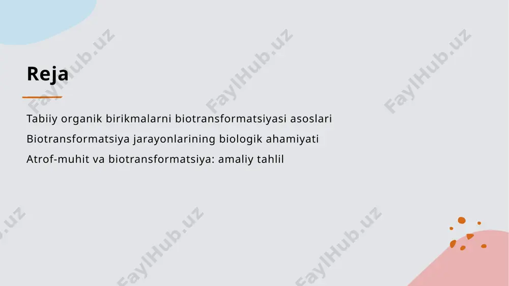lar muhim biologik ahamiyatga ega. 3 ekologik ahmiyat biotransformatsiya ekologik muvozanatni saqlashda yordam beradi. organik moddalar biologik tizimlar orqali ekologik muhitda qayta ishlanadi. organik kimyoviy birikmalar biotransformatsiyasi misollari. 1 fermentlar roʻli fermentlar tabiiy organik birikmalarni oʻzgartiradi. masalan, fermentlar glukozani etanolga aylantirib, biokimyoviy jarayonlarni tezlashtiradi va energiya hosil qiladi. 2 mikrobial oʻzgarish mikroorganizmlar organik moddalarni biotransformatsiya qiladi. tuproq bakteriyalari murakkab molekulalarni oddiy shakllarga ajratib, ozuqa moddalarini qayta ishlaydi. 3 gormon modifikatsiyasi gormonlar biotransformatsiya jarayonlarini boshqaradi. oʻsimliklar gibberellin kabi gormonlarni oʻzgartirib, oʻsish va rivojlanishni tartibga soladi. biotransformatsiyaning biologik tizimlarga ta'siri. metabolik o'zgarishlar biotransformatsiya biologik tizimlarda metabolik jarayonlarni boshqaradi. bu o'zgarishlar organizm ichki muhitini saqlash va energiya ishlab chiqarishga yordam beradi. enzimatik faollik enzimlar biotransformatsiyada katalizator sifatida ishlaydi, kimyoviy reaksiyalarni tezlashtiradi. ular substratning o'zgarishini nazorat qiladi va mahsulot hosil qiladi. genetik ta'sirlar biotransformatsiya gen ekspressiyasini o'zgartirib, hujayra funksiyalarini boshqaradi. bu jarayon hujayra moslashuvi va genetik diversifikatsiyaga hissa qo'shadi. biotransformatsiya va genetik modifikatsiyalar. 1 …