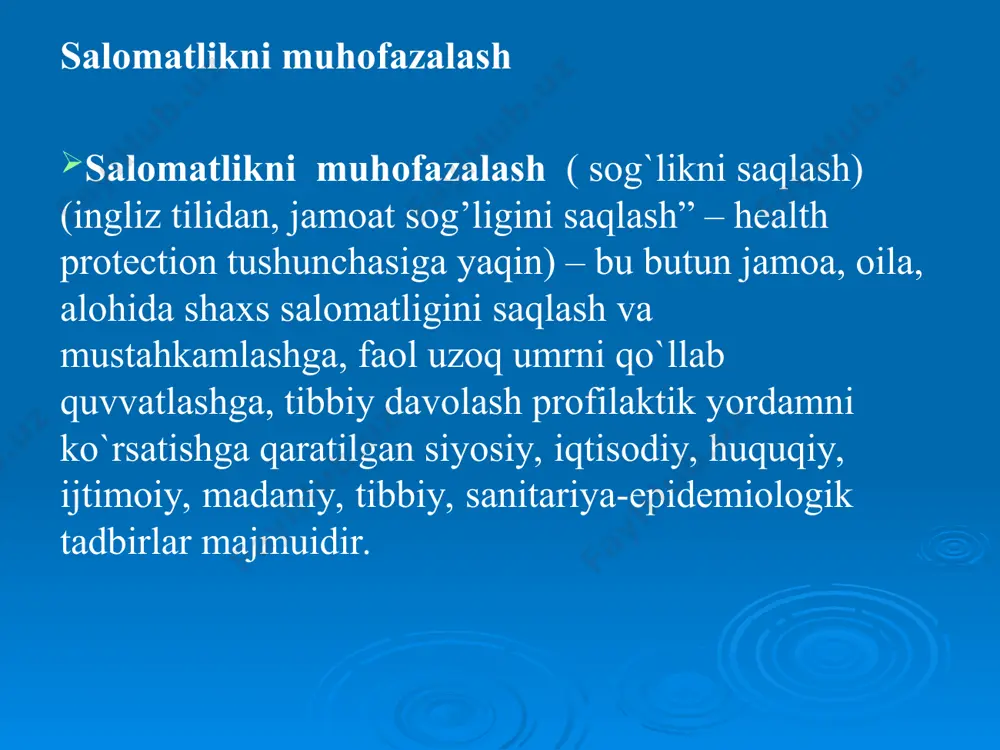 profilaktik chora-tadbirlarning ustivorligi 4. fuqarolar sog’ligini ijtimoiy rioya qilish 5. tibbiyot faning amaliyot bilan birligi. sog’liqni saqlashni tashkil etishning asosiy prinsiplari. o`zbekistonda fuqarolar sog’ligini saqlash tizimini rivojlantirish respublikamizning o`ziga xos ijtimoiy-iqtisodiy, ijtimoiy geografik, demografik, kasallanish sanitariya-epidemiologik jixatlarini e`tiborga olgan holda olib borilmoqda. aholiga tibbiy xizmat ko`rsatish tizimi quyidagilarni ta`minlaydi: - aholini tibbiy yordamiga bo`lgan extiyojini qondirish; - aholiga tibbiy xizmat ko`rsatishda davlat grantlarini bajarilishini; - tibbiy yordam olish sharoitini; - tibbiy xizmat sifatini kafolatlaydi; - sog’liqni saqlash resurslaridan unumli foydalanish; - davlat granti doirasida zamonaviy tibbiy xizmatni tashkil etish. o`zbekiston respublikasi sog’liqni saqlash vazirligining 30.03.2001 yildagi 129-sonli buyrug’iga muvofiq bu muassasalar quyidagilarga bo`linadi: i. davolash-profilaktik muassasalar quyidagilarni qamrab oladi: 1.1.kasalxonalar (respublika, shahar, tuman markaziy kasalxonalari, qishloqdagi uchastka kasalxonalari, oliy o`quv yurtlari va ilmiy tekshirish institutlari klinikalari). 1.2.ixtisoslashgan kasalxonalar (respublika kattalar va bolalar yuqumli hamda sil kasalliklari kasalxonalari,aqli zaiflar uchun, narkologiya va boshqa kasalxonalar). 1.3.dispanserlar (silga qarshi, teri-tanosil, kardiologiya,onkologiya, ,ruhiy asab, …