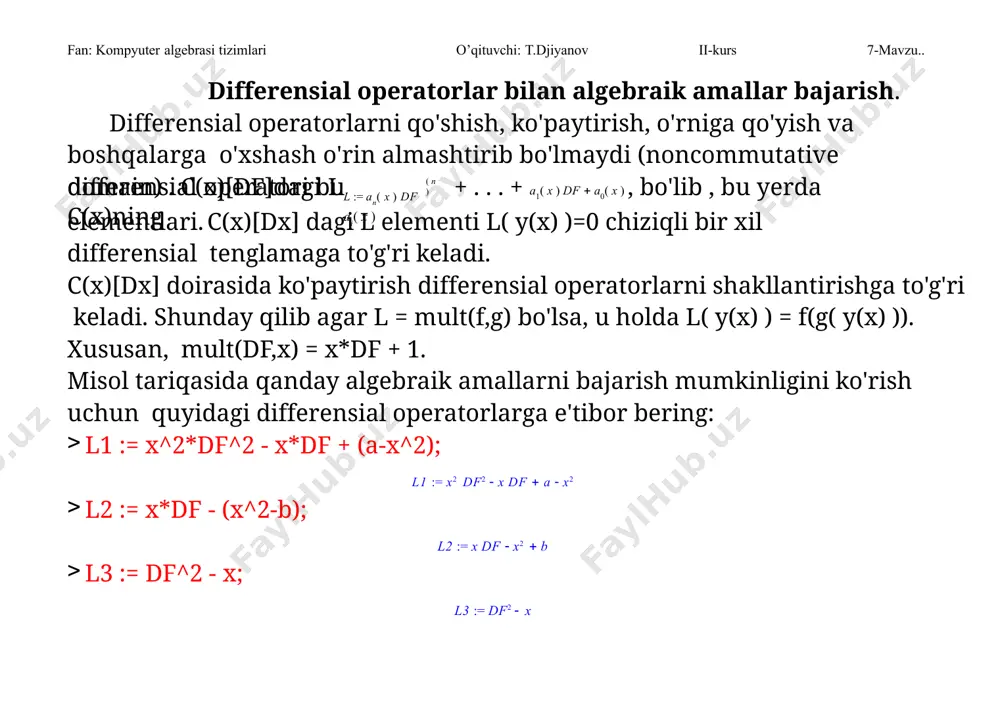  b2  x2  2 x2 b  x3  x4 fan: kompyuter algebrasi tizimlari o’qituvchi: t.djiyanov ii-kurs 7-mavzu.. va l7 := gcrd( l4, l6, [df, x] ); buni o'ng yoki chap tomonni ko'paytirishi orqali tekshirish mumkin. bizning masalamizda biz quyidagiga egamiz: rightdivision(l6,l7, [df,x] ); ikki holatda ham yuqoridagi amal 0 qoldiqli bo'linmani beradi. hisobni to'g'riligi quyidagi ko'paytirish orqali tekshirish mumkin: collect( l4 - mult( %[1], l7, [df,x] ), df, normal ); l7 := df  x2  b x 2 x ( b  b2  x2  2 x2 b  x3  x4 )   ( x3  2 b  2 x4  2 b2 ) df  df  b  b2  x2  2 x2 b  x3  x4 rightdivision(l4,l7, [df,x] );  2 x3  4 x b  6 b  x4  2 x2  x b2 …