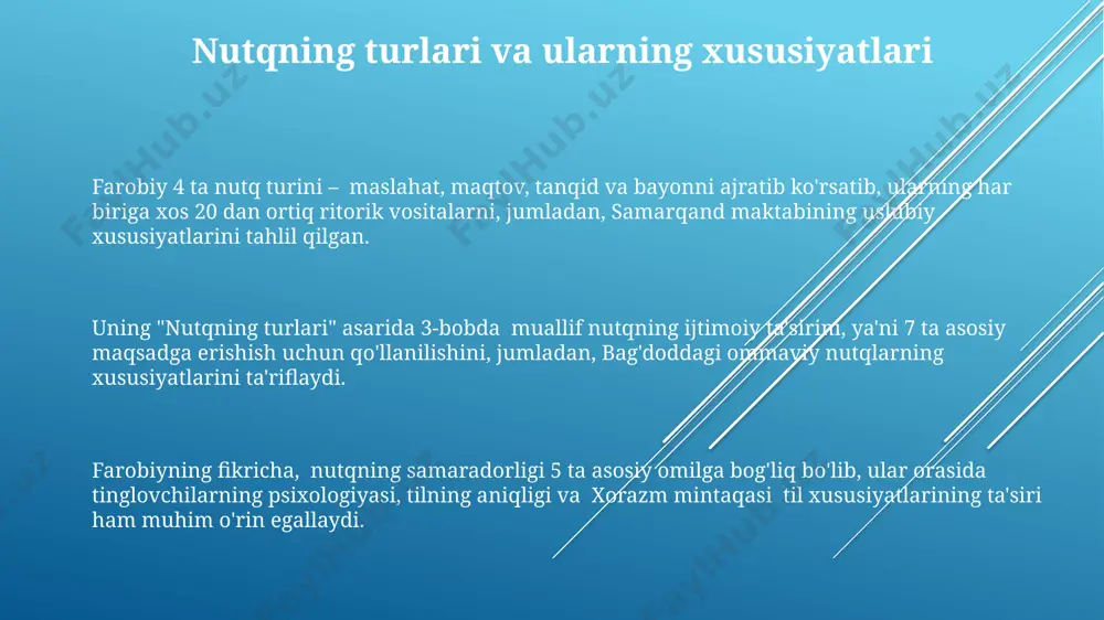 xato turini aniqlash va ularni oldini olish bo'yicha tavsiyalar berilgan. farobiyning "munozara va bahs san'atining asoslari" asarida 10 dan ortiq turli bahs uslublari, jumladan, 4 xil isbotlash usuli va 6 xil rad etish usuli bayon etilgan bo'lib, bu uslublar qadimgi yunoniston va islom dunyosining retorika an'analarini aks ettiradi. kitobda bayt al-hikma kabi o'rta asrlarning muhim ilmiy markazlarida qo'llanilgan mantiqiy dalillar va retorik texnikalarga oid misollar keltirilgan va bu usullar samarqand va buxoro kabi shaharlarda ham keng qo'llanilgan. axloqiy-estetik tamoyillar ritorikada farobiyning "axloqiy-estetik tamoyillar ritorikada" asarida 10 dan ortiq axloqiy kategoriyalar, masalan, adolat, jasorat va ehtiyotkorlik kabi tushunchalar ritorikaning samarali vositalari sifatida tahlil qilingan. farobiy "axloqiy-estetik tamoyillar ritorikada"da 3 ta asosiy ritorik usulni – ishontirish, ko'ndirish va hayajonlantirishni – axloqiy me'yorlar asosida baholashni taklif qiladi. ushbu asarda, 9-10 asrlarda buxoroda yashagan farobiy, retorikaning maqsadini faqatgina ishontirish emas, balki tinglovchilarning axloqiy-estetik didini yuksaltirish deb ta'kidlaydi. isbotlash va rad etish usullari farobiy “isbotlash …