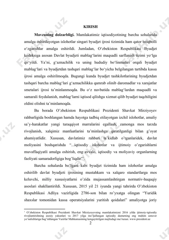 015 yil 21 iyunda yangi tahrirda o’zbekiston respublikasi adliya vazirligida 2786-son bilan ro’yxatga olingan “yuridik shaxslar tomonidan kassa operatsiyalarini yuritish qoidalari” amaliyotga joriy qilindi. hozirda byudjet tashkilotlarida ushbu qoidalar talablari asosida kassa ishlari tashkil qilinadi, kassa muomalalari ham ushbu qoidalar asosida hujjatlashtiriladi va hisobga olinadi. “tor ma’noda “g’azna” pul tushadigan va aniq maqsadlar uchun to’lov o’tkaziladigan, ya’ni mas’ul mansabdor shaxslar pulni saqlaydigan joy degan tushunchani anglatadi” . o’z navbatida bozor iqtisodiyotining eng muhim talabalaridan biri doimiy ravishda iqtisodiy islohotlarni amalga oshirish, xalqaro integratsiyalashuvni ta’minlash uchun iqtisodiy qonunchilik o’zgarib boradi. davlat byudjeti ijrosini amalga oshirish borasida dastlab “byudjet tizimi to’g’risida”gi qonun, “davlat byudjetining g’azna ijrosi to’g’risida”gi qonun qabul qiligan bo’lsa, ushbu qonunlar o`z kuchini yo`otgan ayni damda “byudjet kodeksi” ishlab chiqildi va 2013 yildan boshlab amaliyotga joriy qilindi. qolaversa iqtisodiyotimizda amalga oshirilayotgan izchil va samarali islohotlar natijasi sifatida yaqinda o’zbekiston respublikasi markaziy banki boshqaruvining qarori bilan “yuridik shaxslar tomonidan kassa operatsiyalarini …