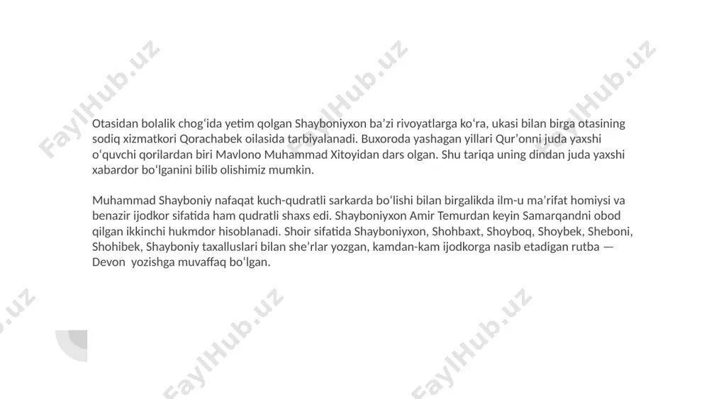 ad shayboniyning temuriylarga qarshi olib borgan harbiy yurishlari tasviriga bagʻishlangan. shayboniynoma 8902 misradan iborat boʻlib, 76 bobdan tashkil topgan. 16 bob dostonning muqaddimasi, shundan 1—3-boblar hamd va naʼtlardir. 4-bob soʻz taʼrifiga, 5—14-boblar shayboniyxonning tavsif va taʼrifiga bagʻishlangan; . 16-bob mullo abdurahim haqida. asarning syujeti — asosiy qismi 17-bobdan boshlanadi. keyingi boblarda 1499—1500; 1505—1506-yillarda roʻy bergan tarixiy voqealar xronologik izchillikda bayon etilgan.bu qonli kurashlarning shohidi va ishtirokchisi bo'lgan muhammad solih o'z ko'zi bilan ko'rgan,o'zi qatnashgan voqealarini bayon qiladi e’tiboringiz uchun rahmat. image1.jpg image2.jpg image7.jpg image5.jpg image3.jpg image6.jpg image4.jpg