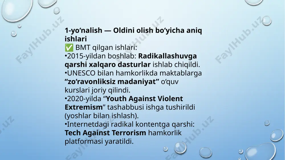 2017-yilda “terrorizmga qarshi kurashda inson huquqlarini hurmat qilish” nomli maxsus deklaratsiya qabul qilindi. bu hujjat davlatlarga eslatadi: “terrorizmga qarshi kurash nomidan inson erkinliklarini cheklashga yo‘l qo‘yilmaydi.” asosiy tamoyillar: huquqiy davlat va sud nazorati; aybsizlik prezumpsiyasi (aybi isbotlanmaguncha aybsiz hisoblanadi); erkin so‘z va yig‘ilish huquqlarini saqlash; milliy xavfsizlik choralarini inson huquqlari bilan muvofiqlashtirish. 2. bmt inson huquqlari kengashi faoliyati inson huquqlari kengashi (human rights council) doimiy ravishda: qiynoqlarning oldini olish, noqonuniy hibsga olishlar, sudsiz qamashlarga chek qo‘yish, terrorizmga qarshi kurashda oshkoralik va adolatni ta’minlash bo‘yicha tavsiyalar va rezolyutsiyalar chiqargan. kengash bmtga a’zo davlatlarni xalqaro konventsiyalar, xususan: qiynoqlarga qarshi konvensiya, fuqarolik va siyosiy huquqlar to‘g‘risidagi xalqaro paktga qat’iy rioya qilishga undaydi. image3.png image4.png image5.png image1.png /docprops/thumbnail.jpeg