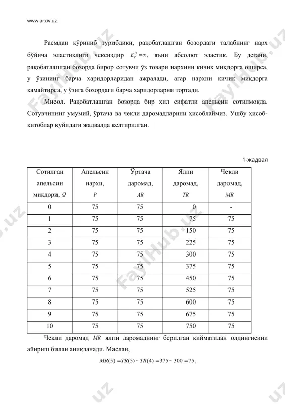 шундай қилиб, ишлаб чиқариш омили нархининг ошиши фирмани маҳсулот ишлаб чиқариш ҳажмини қисқартиришга мажбур қилади. агар фирма ишлаб чиқаришни ҳажмда давом эттирганида штрихланган соҳага тенг бўлган зарарни кўрган бўлар эди. штрихланган соҳа фирма фойдасининг йўқотилиши мумкин бўлган қисмини ифодалайди. қисқа муддатли оралиқда фирма капитали размери ўзгармайди, шунинг учун у фойдани максималлаштирадиган ўзгарувчан ишлаб чиқариш омиллари ҳажмини танлаши лозим бўлади. маълумки, фойдани максималлаштириш бу умумий даромад билан умумий харажатлар айирмасини максималлаштириш демакдир, яъни . (5) агар абцисса ўқи бўйича ишлаб чиқариладиган маҳсулот ҳажмини, ордината ўқи бўйича - умумий даромадни жойлаштирсак, даромаднинг масулот ҳажмига боғлиқлиги координата бошидан чиқувчи нур билан ифодаланади. умумий харажатлар эса ўзгармас ва ўзгарувчан харажатлар йиғиндисидан ҳосил бўлади (2-расм). 3-расм. қисқа муддатли оралиқда фойдани максималлаштириш графиги. 3-расмдаги графикдан кўриш мумкинки, ишлаб чиқариш ҳажми кичик бўлганда, фирма фойдаси манфий бўлади, фирма зарар билан ишлайди, фирманинг даромади ўзгармас ва ўзгарувчан харажатларни қоплаш учун етарли эмас. ишлаб чиқариш ҳажми ошиб бориши билан …