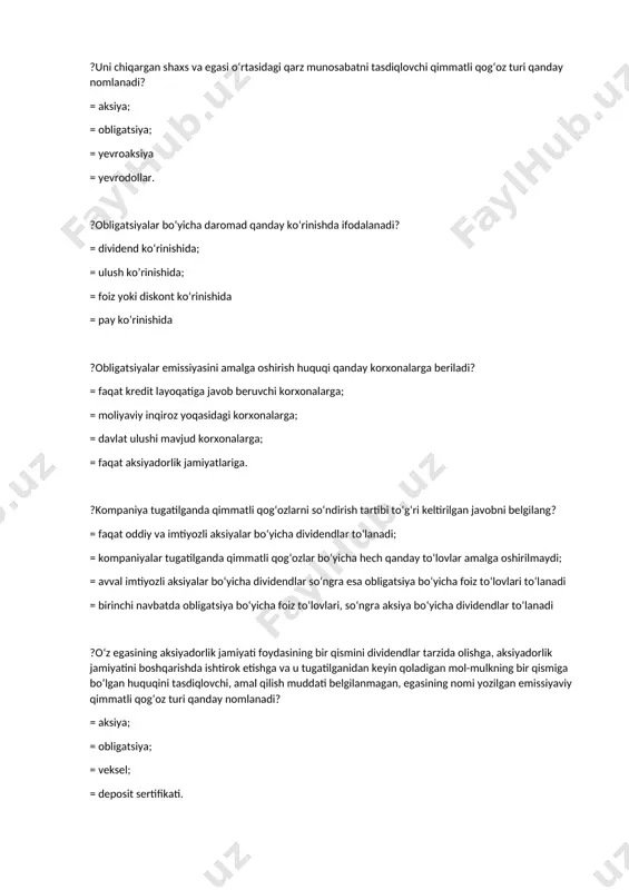 i va qayta investitsiya qilinishi. ?spot bozori.....................................hisoblanadi? = spot bozori—naqd shartnomalar bozori hisoblanadi = spot bozori—valyuta bo‘yicha shartnomalar bozori hisoblanadi = spot bozori—qimmatli qog‘ozlar bo‘yicha oldi-sotdi bozori hisoblanadi. = spot bozori— aksiyaga boʻlgan talabning doimiy ravishda oʻsib borishini nazorat qiluvchi bozor hisoblanadi. ?muddatli bozorda nimalar amalga oshiriladi? = muddatli bozor shunday bozorki, unda muddatli shartnomalar amalga oshiriladi = muddatli bozor shunday bozorki, qisqa va uzoq muddatli shartnomalar amalga oshiriladi = muddatli bozor shunday bozorki, unda faqat uzoq muddatli shartnomalar amalga oshiriladi = muddatli bozor shunday bozorki, faqat qisqa muddatli shartnomalar amalga oshiriladi} ?muddatli shartnomaning asosini tashkil etuvchi aktiv................deyiladi? = bazis aktiv; = qimmatli qog‘ozlar; =xorijiy valyutalar; = obligatsiyalar. ?etkazib berish narxi deganda nima tushuniladi? = etkazib berish narxi-bu shartnoma davri davomida bazis aktivga egalik qilish bilan bog‘liq barcha xarajatlar va yo‘qotilgan foyda tushuniladi; = etkazib berish narxi-bu qisqa muddatli shartnoma bo‘yicha barcha xarajatlar asosida belgilangan narx tushuniladi; = etkazib berish …