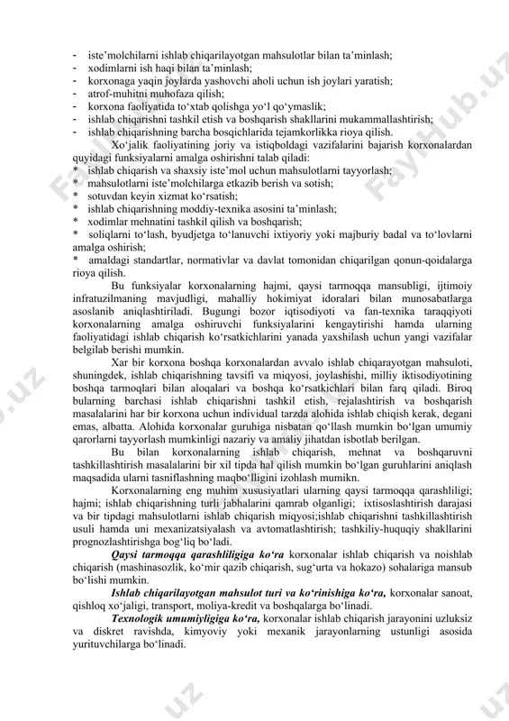 faoliyat yuritadi. amaldagi qonunchilikka asosan korxona davlat ro‘yxatidan o‘tganidan keyingina huquqiy shaxs sifatida tan olinadi. davlat ro‘yxatidan o‘tish uchun birinchi o‘rinda quyidagi hujjatlar ahamiyatga ega bo‘ladi: muassisning arizasi; korxonaning nizomi; korxonani tashkil qilish haqida qaror yoki muassislar shartnomasi; davlat bojini to‘laganlik haqida kvitansiya va boshqalar. korxona o‘ziga xos bo‘lgan ma’lum xususiyatlarga ega: birinchidan, korxona o‘ziga tegishli va xo‘jalik boshqaruvidagi xususiy mulkka ega bo‘lib, ushbu mulk uning faoliyati moddiy-texnikaviy imkoniyatlarini, iqtisodiy mustaqilligi va ishonchliligini ta’minlaydi; ikkinchidan, korxona kreditorlar, jumladan, davlat bilan o‘zaro munosabatlardagi majburiyatlar yuzasidan o‘z mulki bilan javob berish xususiyatiga ega bo‘ladi; uchinchidan, korxona xo‘jalik aylanmasida o‘z nomidan harakat qilishi mumkin, ya’ni qonunga asosan xo‘jalik faoliyati yurituvchi hamkorlar, mahsulot (ish, xizmat) iste’molchilari, xom ashyo va asbob-uskuna etkazib beruvchilar hamda boshqa huquqiy va jismoniy shaxslar bilan shartnoma tuzish huquqiga ega; to‘rtinchidan, korxona qonunchilikka asosan sudda da’vogar va javobgar sifatida qatnashish huquqiga ega; beshinchidan, korxona mustaqil balans yoki smetaga ega bo‘lib, ishlab …