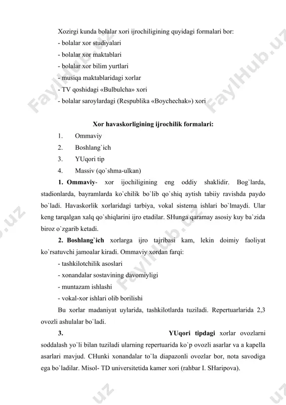 larida qatnashuvchi ashulachilar, o`yinchilar va deklomatsiya qiluvchilar guruxi «xorvetlar» deyilgan. xorda yakka tembrlarning qo`shilishidan hosil bo`ladigan o`ziga xos tembrlar mavjuddir. xor deb – maxsus tashkil qilingan vokal- xor texnikasiga, badiiy-ifoda vositalariga ega bo`lgan va shu vositalar orqali ijro qilinadigan asarning mazmunini eshituvchilarga etkazib bera oladigan jamoaga aytiladi. ovozlar xalqasi ovoz apparatining tuzilishi. ovvoz apparat- bu murakkab «musiqa asbobi». ovoz apparati: 1. tomoq- (gorlo) 2. xiqqildoq - (gorlo) 3. halqum- (glotka) 4. nafas ravog`i- (svod) 5. ovoz pardalari- (bog`lamlari) 6. rezanatorlar 7. har xil mushaklardan iborat muskul 1. xiqqildoq- ovoz paydo qilish vazifasini bajaradi. u uziksimon va 2 shoxsimon tog`aylardan iborat. ular muskullar yordamida oldinga va orqaga harakat qiladi. tomoqning halqum devorlari tomonidan nafas yo`li boshlanadi va ovoz tarqaladi, ravog`ining har ikkala chetidan nozik to`qimalardan iborat ovoz pardalari bor. odam ovozi juft va toq xiqildoq tog`aylari pardalarining muskullari yordamida bir-biri bilan birikishdan hosil bo`ladi. tovushning baland-pastligi, yo`g`on-ingichkaligi xiqqildoq bo`shlig`ining katta-kichikligiga, pardalarning …