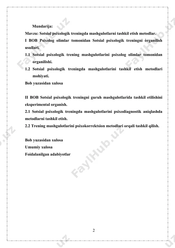 iydir, bundan ushbu moddaning beshinchi qismida nazarda tutilgan hollar mustasno.o‘rta maxsus, professional, oliy ta’lim xizmatlarini ko‘rsatuvchi hamda faoliyatini xabardor qilish tartibida amalga oshiradigan nodavlat ta’lim tashkilotlari mustaqil ishlab chiqilgan va litsenziyada yoki xabarnomada ko‘rsatilgan ta’lim dasturlari asosida ta’lim faoliyatini amalga oshirishi mumkin.[footnoteref:1] [1: o‘zbekiston respublikasining 2024-yil 7-sentabrdagi o‘rq-957-sonli qonuni tahririda — qonunchilik ma’lumotlari milliy bazasi, 09.09.2024-y., 03/24/957/0689-son] bugungi globallashuv va tezkor ijtimoiy o‘zgarishlar davrida insonlarning jamoada samarali muloqot qilishi, ijtimoiy-psixologik moslashuvi va shaxslararo munosabatlarini sog‘lom asosda rivojlantirish dolzarb ahamiyat kasb etmoqda. ayniqsa, ta’lim, ishlab chiqarish va ijtimoiy muassasalarda inson resurslari bilan ishlash jarayonida sotsial-psixologik trening mashg‘ulotlarini to‘g‘ri tashkil etish va o‘tkazish ehtiyoji ortib bormoqda. bunday treninglar ishtirokchilarning o‘zaro munosabat madaniyatini rivojlantirish, jamoada samarali ishlash, nizolarni hal qilish va shaxsiy faolligini oshirishda muhim omil bo‘lib xizmat qiladi. shu bois, sotsial-psixologik trening mashg‘ulotlarini tashkil etish metodlarini o‘rganish va ularning samaradorligini ilmiy asoslash bugungi kun psixologik amaliyoti va ta’lim tizimi uchun dolzarb masala …