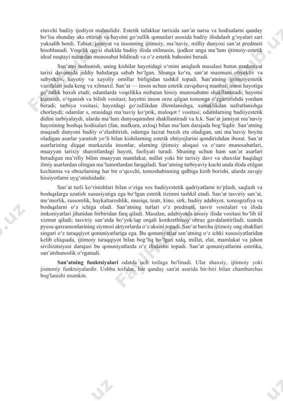 tetikasiga ham jiddiy eʼtibor berilmoqda; xulqiy goʻzallik muammosi yanada muhim oʻrin egallay boshladi. oʻzbek milliy estetikasi taraqqiyoti tarixan mintaqaviy tabiatga ega boʻlib, uning ildizlari dastlab avesto, keyin moniylikning muqaddas kitobi xuastuanift (za.)ga borib taqaladi. islom dini qabul qilingach, milliymintaqaviy estetika qurʼoni karim oyatlari va hadisi sharifdagi "alloh goʻzal va u goʻzallikni sevadi" degan tamoyil asosida rivojlandi. bunda mashshoiyyunlik (forobiy, ibn sino) bilan yonmayon tasavvuf estetikasida kubroviylik (najmiddin kubro). joʻmardlik (pahlavon mahmud), naqshbandiya (alisher navoiy) singari tariqat mutafakkirlarining goʻzallik, sanʼat va sanʼatkor borasidagi qarashlari muhim ahamiyat kasb etdi. oʻzbek estetikasi tarixida, ayniqsa, temuriylar davri alohida oʻringa ega; navoiyning "mahbub ul-qulub", "majolis unnafois", "mezon ulavzon" asarlari, 15—16-asrlarda qator tazkiralar va musiqa nazariyasi borasidagi risolalar oʻzbek estetikasi rivojiga ulkan hissa boʻlib qoʻshildi. xonliklar va chorizm mustamlakasi davrida esa oʻzbek estetikasi koʻproq tazkiralarda (fazliy) va sheʼriy shakllarda (furqat) oʻz ifodasini topdi. oʻzbek milliy estetikasidagi yuksalish 19-asr oxirlari — 20-asr boshlariga toʻgʻri keladi. bu davrda …
