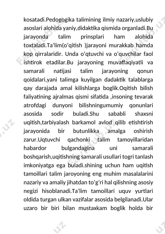 siplari va xalqning boy intellektual merosi va umumbashariy qadriyatlarining ustuvorligi asosida ta’limning barcha darajalari va bo’g’inlarida ta’lim oluvchilarning ma’naviy va ahloqiy fazilatlarini rivojlantirishga hamda ta’limni boshqarish tizimini takomillashtirish, jamoat boshqaruvi shakllarini rivojlantirish, ta’lim muassasalarini mintaqalashtirishga e`tabor qaratilgan. ma’lumki, qonuniyat-bu barqaror, zaruriy u yoki bu xodisalar va jarayonlar o’rtasidagi mutanosiblik va muhim aloqa. ijtimoiy ehtiyojlar va sharoitlar o’quv jarayonining harakteri, uning vazifalari, mazmuni, shakllari: usullari va vositalari qonuniy ravishda aniqlab beradi. agar o’qitish jamiyat talablarini e’tiborga olmasa, u holda uni, albatta, qayta ko’rish, takomillashtirish kerak. demak, ta’lim berish, tarbiyalash va o’quvchilarning umumiy rivojlanishlarini bir butunlikda amalga oshirish zarur. ifodalangan qonuniy didaktik aloqalarni va o’qitish qoidalarini ilmiy asoslangan o’zaro bog’lanishda qo’llash ko’nikma va malakalarni chuqur, puxta, ongli va ta’sirli o’zlashtirilishini ta’minlaydi. o’qitishni aynan shunday natijaga qaratish uning onglilik, puxtalik, ta’sirchanlik qoidalarini harakterlaydi. ta’limning mazmuni hayot, hozirgi zamon fani bilan bog’langan bo’lganligi uchun ham, vazifalarda mamlakatning iqtisodiy rivojlanishini jadallashtirish muammolari, ishlab chiqarishni mexanizatsiyalash, …