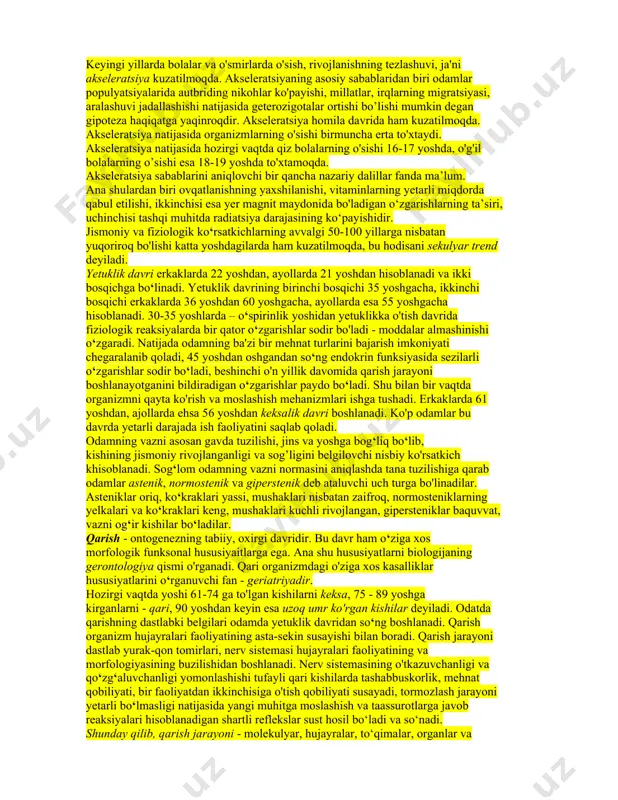 o'tish davrida fiziologik reaksiyalarda bir qator o‘zgarishlar sodir bo'ladi - moddalar almashinishi o‘zgaradi. natijada odamning ba'zi bir mehnat turlarini bajarish imkoniyati chegaralanib qoladi, 45 yoshdan oshgandan so‘ng endokrin funksiyasida sezilarli o‘zgarishlar sodir bo‘ladi, beshinchi o'n yillik davomida qarish jarayoni boshlanayotganini bildiradigan o‘zgarishlar paydo bo‘ladi. shu bilan bir vaqtda organizmni qayta ko'rish va moslashish mehanizmlari ishga tushadi. erkaklarda 61 yoshdan, ajollarda ehsa 56 yoshdan keksalik davri boshlanadi. ko'p odamlar bu davrda yetarli darajada ish faoliyatini saqlab qoladi. odamning vazni asosan gavda tuzilishi, jins va yoshga bog‘liq bo‘lib, kishining jismoniy rivojlanganligi va sog’ligini belgilovchi nisbiy ko'rsatkich khisoblanadi. sog‘lom odamning vazni normasini aniqlashda tana tuzilishiga qarab odamlar astenik, normostenik va giperstenik deb ataluvchi uch turga bo'linadilar. asteniklar oriq, ko‘kraklari yassi, mushaklari nisbatan zaifroq, normosteniklarning yelkalari va ko‘kraklari keng, mushaklari kuchli rivojlangan, gipersteniklar baquvvat, vazni og‘ir kishilar bo‘ladilar. qarish - ontogenezning tabiiy, oxirgi davridir. bu davr ham o‘ziga xos morfologik funksonal hususiyaitlarga ega. ana …