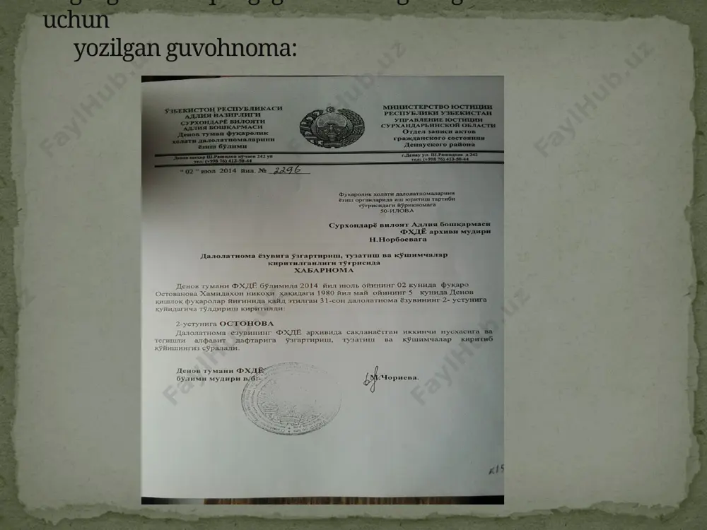 termiz shahar fuqarolik xolatlari dalolatlarini yozish arxivi - Page 3