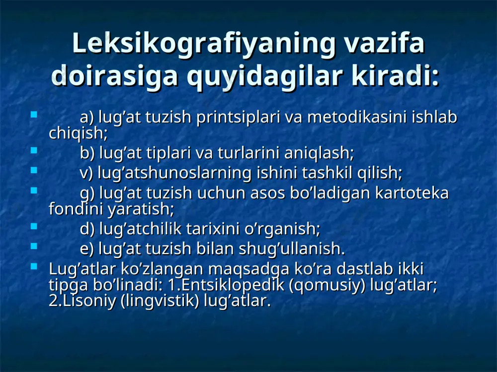 maqol va matal kabi janr boyliklarini to’plash maqsad qilinadi. lisoniy lug’atlar ham dastlab ikki turga – umumiy va xususiy (maxsus) lug’atlarga bo’linadi. u m u m i y l u g’ a t l a r d a umumtil birliklari, ularning ma’nolari va qo’llanish xususiyatlari izohlanadi. bunday lug’atlar bir tilli, ikki tilli, ko’p tilli, izohli, izohsiz bo’lishi mumkin. "o’zbek tilining izohli lug’ati" (ikki tomli, 1981 y.), "o’zbekcha-ruscha lug’at" (1959), "ruscha-o’zbekcha lug’at" (besh tomli, 1950-1955) va boshqalar shular jumlasidandir. x u s u s i y (m a x s u s) l u g’ a t l a r d a tilning lug’at boyligidagi birliklar ma’lum sohalar bo’yicha yoki shu tildagi ma’lum mikrosistemalar, guruhlar bo’yicha tanlab izohlanadi. "ruscha-o’zbekcha fizik terminlar lug’ati" (m.d.yagudev, r.x.mallin, 1952), "ruscha-o’zbekcha matematik terminlar lug’ati" (m.sobirov, 1952), "o’zbek tili sinonimlarining izohli lug’ati" (a.hojiev, 1974), "lingvistik terminlarning izohli lug’ati" (a.hojiev, 1985), "o’zbek tilining izohli frazeologik lug’ati" (sh.rahmatullaev, 1978), …