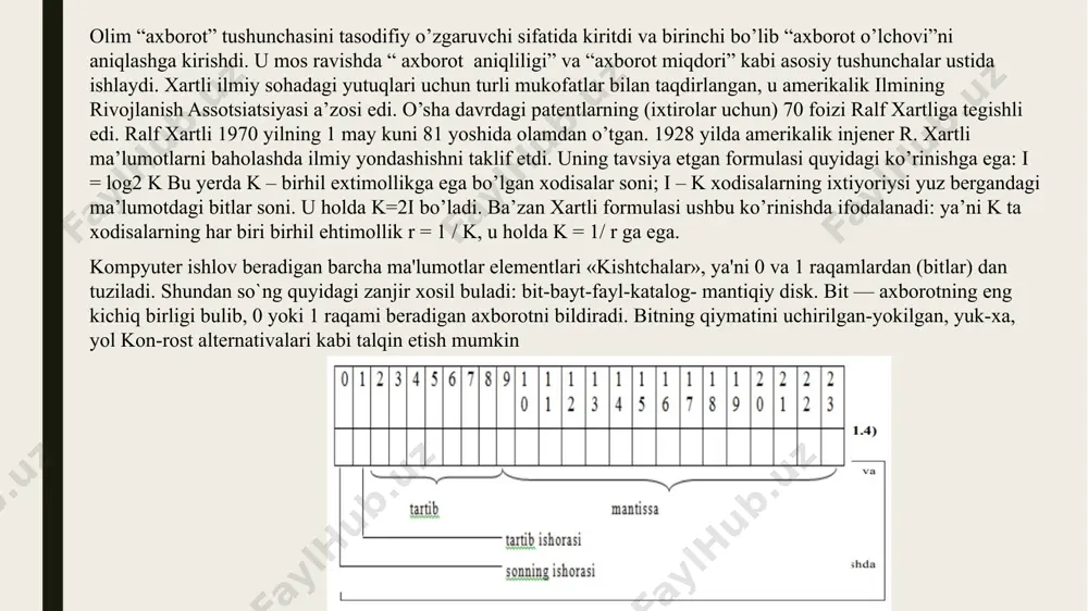 kichiq birligi bulib, 0 yoki 1 raqami beradigan axborotni bildiradi. bitning qiymatini uchirilgan-yokilgan, yuk-xa, yol kon-rost alternativalari kabi talqin etish mumkin kompyuter konkret bitlar bilan aloxida juda kam xollarda ish kuradi. odatda kompyuter sakkiz bitdan iborat 0 va 1 raqamlari kombinatsiyasi bilan ishlaydi. bu kombinatsiyalar bayt deb ataladi. kompyuterning barcha ishlari — bu, baytlar tuplamini boshqarishdir. baytlar kompyuterga klaviatura yoki disklardan (yoki aloxida liniyalar orqali) kelib tushadi. shundan sung dasturning buyriqi (operatorlari) bo’yicha baytlarga ishlov beriladi. ular vaktincha saqlab turiladi yoki doimiy saqlash uchun yozib quyiladi. zarur bulsa displey ekraniga yoki chop etish qurilmasidagi qog’ozga chiqariladi. baytlarning katta tuplamlari uchun kattarok ulchov birliklari ishlatiladi. sakkiz razryadli baytdagi maksimal ikkilik son 1111• 1111ga teng. agar uni unli sanok sistemasiga utkazsak 255 xosil buladi. demak, nol bilan birgalikda bir baytda 256 ta turli unli sonlarni yozish mumkin ekan. kompyuter xotirasi — bu, maxsus elektron yacheykalar tuplami bulib, ularning xar biri nol va …