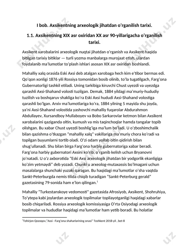 , farg‘ona vodiysi va imkoni bo‘lsa buxoroda qazishma ishlarini o‘tkazish vazifasi yuklatiladi. u axsikentga 1885 yilda yetib keladi. shu tariqa axsikentni arxeologik jihatdan birinchi bor o‘rganish 1885 yildan boshlandi. n.i. veselovskiy axsikentning besh joyida qazishma ishlarini o‘tkazdi. sopol buyumlar, tangalar, uy-ro‘zg‘or ashyolari topildi. aholi qo‘lidagi topilmalarni ham yig‘ishtirib olindi va barcha arxeologik materiallar toshkent muzeyiga jo‘natildi. n.i. veselovskiy tuzgan hisobotida topilgan narsalar muhimligi ko‘rsatilgan bo‘lsa-da, ammo qazishma ishlarining rejasi ko‘rsatilmagan. topilgan ashyolar sistemalashtirilmagan va davrlashtirilmagan. bunga o‘sha paytda turkistonda arxeologik qazishma ishlari endi boshlanayotganligi, topilmalarni aniqlash va davrlashtirishning maxsus yo‘llanma va ko‘rsatmalari ishlab chiqilmaganligi sabab bo‘lgan bo‘lishi mumkin.[footnoteref:2] [2: anorboyev a. “axsikent-stolitsa drevney fergani” toshkent tafakkur 2013-yil bet-337] axsiketnining tarixini qayta tiklashda albatta v. bartoldning ahamiyati katta bo‘lganligi qayd eytib o‘tishimiz darkor. x asrda arab geograflari ibn xavqal va muqaddasiy asarlarida mavjud shahar haqidagi maʼlumotlarni rus tiliga tarjima qilishga muvaffaq bo‘lgan olim axsikent shahrida qal’a, shahariston, raboddan iborat bo‘lganligini, qoʻrgʻon …