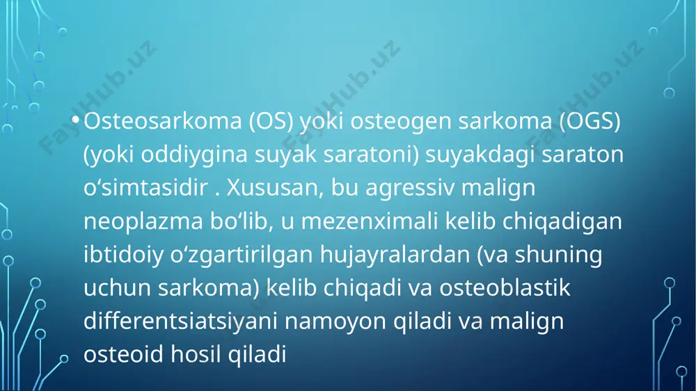 imta spikulalari tufayli qattiq, qattiq, tartibsiz („archa“, „kuya yegan“ yoki rentgen tekshiruvida „quyosh yorilishi“ koʻrinishi). ushbu toʻgʻri burchaklar codman uchburchagi deb ataladigan narsani hosil qiladi, bu osteosarkoma uchun xarakterli, ammo tashxisiy emas. atrofdagi toʻqimalar infiltratsiyalangan. x-nurlari osteosarkoma tashxisini qoʻyish uchun tanlovning dastlabki tasviridir. x-nurlaridagi osteosarkomaning baʼzi xususiyatlari quyosh portlashi koʻrinishi va kodman uchburchagi (yangi suyak shakllanishiga sabab boʻlgan oʻsimta tomonidan suyak korteksining koʻtarilishi). kompyuter tomografiyasi suyak anatomiyasini, suyak poʻstlogʻining yaxlitligini aniqlashda, patologik sinishlarni aniqlashda, ossifikatsiyani (yangi suyak materiallarini yotqizish) va xaftaga kalsifikatsiyasini baholashda yordam beradi. image2.png image3.png image4.png image5.png image6.png image7.png image8.png /docprops/thumbnail.jpeg