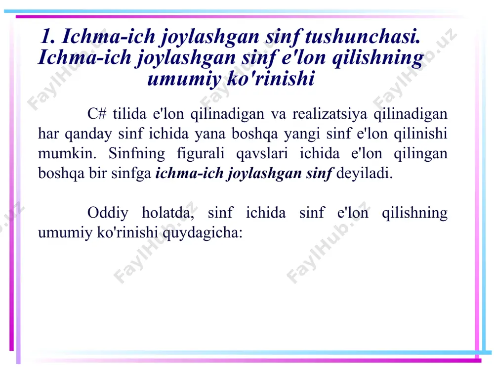 ishning umumiy ko'rinishi qanday? bu yerda outer – o’z tanasida ichki inner sinf e'lon qilingan tashqi sinfning nomi; inner – outer sinfning figurali qavslari ichida e'lon qilingan ichma-ich joylashgan sinf nomi; objinner – yaratilayotgan sinf ob'ekti (namunasi) nomi; outer.inner() – sinf ob'ektini yaratish uchun chaqiriladigan kelishuv bo'yicha konstruktor nomi. inner sinfda boshqa parametrlangan konstruktorlar realizatsiya qilinsa (amalga oshirilsa), u holda bu chaqiruv boshqacha bo'lishi mumkin. 6 3. ichma-ich joylashgan sinflarga qanday kirish modifikatorlarini qo'llash mumkin? ichma-ich joylashgan sinflarga xuddi oddiy sinflarga nisbatan qo'llaniladigan kirish modifikatorlari qo'llanilishi mumkin: private. bunda, ichki sinf tashqi sinfning {} figurali qavslari ichida ko'rinadi; public. bunda, ichki sinfga tashqi sinf doirasidan, tashqi sinf namunasidan, voris qilib olingan sinfdan, shuningdek, boshqa loyihalardan kirish mumkin; protected. bunday holda, ichki sinfga tashqi sinf doirasidan, shuningdek, voris qilib olingan sinflar metodlaridan kirish mumkin; 7 3. ichma-ich joylashgan sinflarga qanday kirish modifikatorlarini qo'llash mumkin? internal. bunday sinfga faqat joriy loyiha doirasidan …