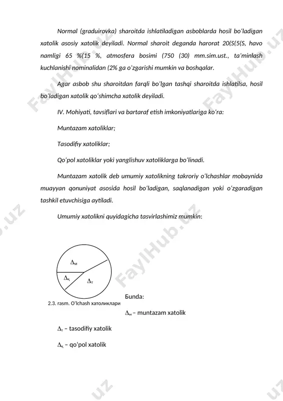 xatolikdir. masalan, tarozi toshining muntazam xatoliklari, ko‘rsatuvchi asboblarining graduirovka xatoligi kabilarni keltirishimiz mumkin. - progressiv xatoliklar - uzluksiz o‘suvchan yoki kamayuvchan xatoliklar. masalan, o‘lchash asbobining biron qismidagi kontaktni yoki biron-bir detalini yeyilishidan kelib chiqadigan xatoliklar. - davriy xatoliklar - qiymati vaqtning davriy funksiyasi yoki o‘lchash asbobining ko‘rsatkichini surilish funksiyasiga bog‘liq bo‘lgan xatolikdir. davriy xatolik shkalasi aylana shaklida ishlangan asboblar uchun xos (chiziqli kichik siljishlarni o‘lchash uchun mo‘ljallangan soat ko‘rinishida ishlangan indikator). bu xatolik shkala o‘qi bilan ko‘rsatkichning aylanish o‘qiga mos tushmasligidan hosil bo‘ladi. -murakkab qonun bo‘yicha o‘zgaradigan xatoliklar - bir nechta muntazam xatoliklarning birgalikda ta’siridan hosil bo‘ladi. muntazam xatolikning o‘zgarmas tashkil etuvchisi o‘lchash vositasini sinovdan o‘tkazilayotganda uning nol xolatini korrektirovka qilishda yoki sezgirligini tekshirishda namoyon bo‘ladi. muntazam xatoliklarning asosiy guruhlari quyidagilar hisoblanadi: uslubiy xatolik - o‘lchash usulining nazariy jihatdan aniq asoslanmaganligi natijasida kelib chiqadi. uslubiy xatolikning asosiy manbai o‘lchash obyekti modelining obyektning xususiyatlariga mos emasligi hisoblanadi. masalan, o‘lchash vositalarini hisoblashda …