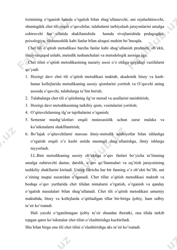 hali yaxshi o’rganilmagan ijobiy ta’sir shundan iboratki, ona tilida tarkib topgan qator ko’nikmalar chet tilini o’zlashtirishga kuchiriladi. shu bilan birga ona tili chet tilini o’zlashtirishga aks ta’sir ko’rsatadi. uning mohiyati shundaki, o’quvchi o’z ona tilining odatlangan me’yorini chet tiliga ko’chiradi. metodika o’quv jarayonini shunday tashkil qilish kerakki, ko’chirilish hodisasining keng qo’llanilishi va interferensiya hodisasining oldi olinishini ta’minlashi zarur.metodika fani umumiy va xususiy metodikalarga bo’linadi: umimiy metodikada umumiy va chet tilini o’qitish masalalari, o’qitish tamoillari, metodlari, usullari, yo’llari, vositalari yoritilgan. xususiy metodikada bitta chet tilini o’qitish metodikasi masalasi bilan shug’ullanadi. keyingi yillarda metodikaning tarixiy eksperimental, qiyosiy va boshqa turlari yaratiladi. chet tillar o’qitish metodikasining tayanadigan metodologik asosi, ilmiy-tadqiqot metodlari mavjud. ularga o’quv yurtlaridagi o’qitish tajribasini tanqidiy (retrospektiv) o’rganish; til o’rgatish tajribalarini umumlashtirish; o’qituvchilarning dars, mashg’ulot, ma’ru’zalarini kuzatish; suhbatlar testlar va tajriba eksperementlarining kiritilishi maksadga muvofiq . chet tillarini o’qitish metodikasi sohasida olib boriladigan ilmiy tadqiqotlar uchun boshqa pedagogika fanlarida qanday metodlar …