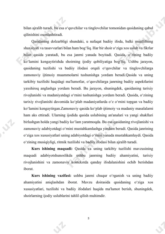 . qasida janrining o‘ziga xos xususiyatlari uning adabiyotdagi o‘rnini yanada mustahkamlaydi. qasida o‘zining musiqiyligi, ritmik tuzilishi va badiiy ifodasi bilan ajralib turadi. kurs ishining maqsadi: qasida va uning tarkibiy tuzilishi mavzusining maqsadi adabiyotshunoslikda ushbu janrning badiiy ahamiyatini, tarixiy rivojlanishini va zamonaviy kontekstda qanday ifodalanishini ochib berishdan iborat. kurs ishining vazifasi: ushbu janrni chuqur o‘rganish va uning badiiy ahamiyatini aniqlashdan iborat. mavzu doirasida qasidaning o‘ziga xos xususiyatlari, tuzilishi va badiiy ifodalari haqida ma'lumot berish, shuningdek, shoirlarning ijodiy uslublarini tahlil qilish muhimdir. kurs ishining tarkibiy tuzilmasi: ushbu kurs ishi 3 ta bob,6 ta reja,xulosa va foydalanilgan adabiyotlardan iborat. i.bob. qasida janri haqida umumiy ma'lumot. 1.1.qasida janrining kelib chiqishi va tarixi. qasida — o‘zbek va arab adabiyotining qadimiy va nihoyatda rivojlangan janrlaridan biri bo‘lib, uzoq tarixiy davrlar davomida shakllanib, o‘zining an'anaviy xususiyatlari bilan ajralib turadi. qasidaning kelib chiqishi arab adabiyotiga borib taqaladi, uning dastlabki shakllari miloddan avvalgi davrlar bilan bog‘liq[footnoteref:2]. shu bilan birga, …