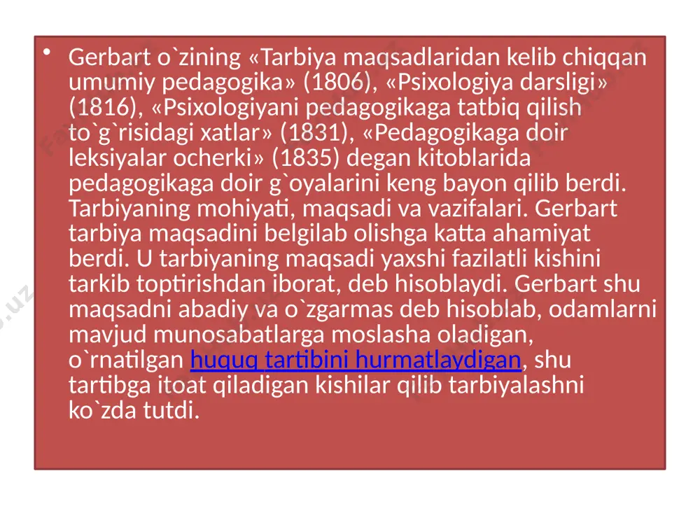 iyasini ishlab chiqdi, bu nazariya hamma mamlakatlarning pedagoglari orasida keng tarqaldi. gerbart ta`limni tasviriy ta`lim, analitik ta`lim, sintetik ta`lim deb uch turga bo`ldi. tasviriy ta`lim cheklangan tarzda qo`llaniladi, lekin o`z chegarasi doirasida uning ahamiyati juda katta. u bolaning tajribasini aniqlab olishni va bu tajribani to`ldirishni o`z oldiga maqsad qilib qo`yadi. o`qituvchi materialni jonli, obrazli hikoya qilib berish yo`li bilan o`quvchilarning bilimlarini kengaytiradi. bunda ko`rsatmali vositalar katta rol o`ynaydi. gerbart axloqiy tarbiyaning o`ziga xos vositalari qatorida quyidagilarni ko`rsatib o`tadi. 1. tarbiyalanuvchini tiyib turish (bolani boshqarish, uni itoatkor bo`lishga o`rgatish — bu vositaga xizmat qiladi). bolalar uchun xatti-harakat chegaralarini belgilab qo`yish kerak. 2. bolani belgilab olish, ya`ni uni shunday sharoitga qo`yish kerakki, bu sharoitda u «quloq solmaslik og`ir kechinmalarga olib kelishini» faqat tarbiyachining ko`rsatmalaridangina emas, balki shu bilan birga o`z tajribasidan ham tushunib oladigan bo`lsin. 3. xulqning aniq qoidalarini belgilab qo`yish. 4. tarbiyalanuvchining ko`nglida «osoyishtalik va ravshanlik» bo`lishini ta`minlab turish, ya`ni «tarbiyalanuvchida …