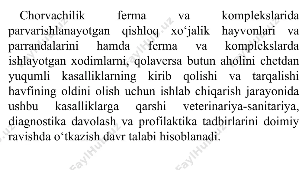 nisbiy namlik esa 60 % dan kam bo‘lmasligi lozim. agar namlik kam bo‘lsa binoning 1 m hajmiga 10-20 ml suv purkaladi. bino dezinfektsiyalangandan keyin yaxshilab shamollatiladi, hayvonlar tegishi mumkin bo‘lgan joylar (oxurlar, avtosug‘orgichlar yaxshilab yuviladi, bino dezintfeksiyalovchi dorilar hididan holi bo‘lgandan so‘ng hayvonlarni bino ichiga olib kirishga ruxsat etiladi. dezinfektsiya ishlarini olib borishda quyidagi qoidalarga qat’iy amal qilish lozim. maxsus dezinfektsiyalovchi kiyim kechak kiyish. agar formaldegid, xlor va ohakdan foydalanilsa albatta protivogaz kiyib olinadi. kislata va o‘yuvchi ishqor eritmasidan foydalanilsa himoya ko‘zoynagini taqib olish shart. hozirgi paytda binolarni va o‘simliklarni dezinfektsiyalashda quyidagi dezinfektsiyalovchi mashina va qurilmalardan keng foydalanilmoqda. lsd va lsd-2 issiq eritmalar dezinfektsiyalash va dezinsektsiyalashda keng qo‘llaniladi. kuchli bosim hosil qiluvchi motor yordamida minutiga 100 litr suyuqlikni 5 atm sepadi. vdm (veterinariya dezinfektsiyalash mashinasi) ushbu mashina ko‘chma kompleks dezinfektsiyalovchi mashina bo‘lib 1 minutda 7-8 atm 120 litr suyuqlikni purkaydi. uds o‘zi yurar dezinfektsiyalovchi qurilma ish unumi 20 atm minutiga …