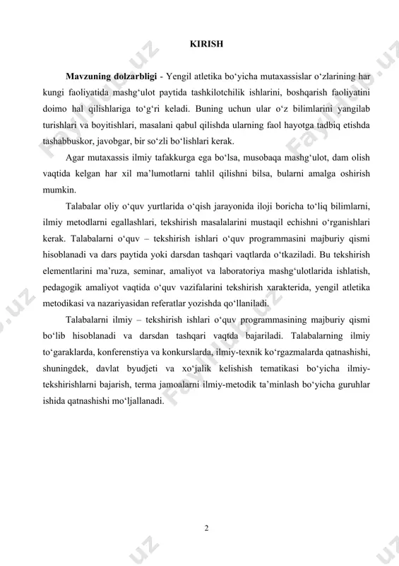 ashg‘ulotlarini tashkil qilish va o‘tkazish usullari yengil atletika darsining mazmuni umum ta’lim maktabida yengil atletika bilan shug‘ullantirish dars formasida bo‘ladi. o‘rgatish etaplari quyidagilardan iborat: 1.kirish. 2.o‘qitish. 3.takrorlash. 4. takomillashtirish. 5.o‘tilgan materiallarni mustahkamlash. darsni o‘zlashtirish, bilish, malaka hosil qilish, jismoniy tayyorgarlik texnik tayyorgarlik va oxirgisi aralash darslar. darslarni tiplariga qaramay quyidagi qismlarga bo‘linadi 1. kirish, tayyorlov, asosiy va yakunlov darsi (asosan dastlabki qismi biriktirilib o‘tiladi). kirish qismiga qo‘yiladigan vazifalar: saflanish, raport, asosiy vazifani ma’lum qilish. o‘quvchilarni darsga tashkillash. tayyorlov qismi: o‘quvchilarni asosiy vazifani bajarish holatiga olib kelishdir. bunda asta sekin yugurish va umuman rivojlantirish mashq berish asosiy qismda yangi bilim o‘rgatiladi. bunda yengil atletika turlari o‘rgatiladi, malaka hosil qilinadi va takomillashtiriladi. yakunlov qismida dars yuklamasi pasaytiriladi, o‘tilgan darsga yakun yasaladi va uyga vazifa beriladi. 45 minutlik dars quyidagicha taqsimlanadi. kirish qismi 3 minut, tayyorlov qismi 12 minut, asosiy qismi 25-27 minut, yakunlov qismiga 3 minut vaqt sarflanadi. darsning asosiy hujjat konspekt …
