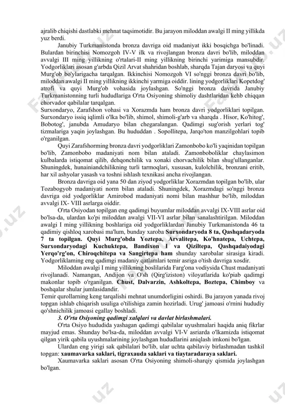 rliklarga machay (surxondaryo), obishir (farg'ona vodiysi), markaziy farg'ona, bo'zsuv, qo'shilish (toshkent), aydabol, jayronquduq (ustyurt), oshxona, chilchorchashma, darai sho'r (tojikiston) kabilar kiradi. machay g'or — makoni hisor tizmasining biri — ketmon-chopti tog'ining yonbag'rida machay daryosining o'ng sohilidagi yuqori va o'rta machay qishloqlari oralig'ida joylashgan. g'or-dan topilgan mehnat qurollari va paleontologik materiallar miloddan awalgi vii-vi ming yilliklarga mansub ekanligi aniqlangan. obishir i g'or - makoni haydarkon shaharchasida 4-5 km g'arbda, obishir v g'or-makoni esa undan 200 metrcha g'arbda joylashgan. nag ikki gor - makondan topilgan ashyolarga asoslanib, haydarkon - so'x vohasidagi mezolit davrining ibtidoiy qabilalari baliqchilik, ovchilik va termachilikbtian shug'ullangan, deyish mumkin. mezolit davriga kelib yer yuzidagi ulkan muzliklarning chekinishi natijasida iqlim o'zgardi va u hozirgi davrdagiga ancha o'xshab qolgan edi. muzlikning chekinishi o'rta osiyoda haroratning ko'tarilishiga hamda hayvonot va o'simlik dunyosida ham o'zgarishlar yuz berishiga olib keldi. bu davrda odamlar o'q-yoyni kashf etdilar. eng katta yutuqlardan yana biri yowoyi hayvonlar - …