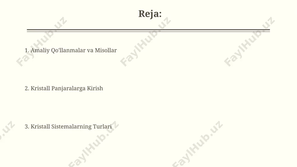 q, 6 o'q va boshqalar) asoslangan bo'lib, ularning har biri bravais panjaralarining 14 ta turini aniqlaydi va bu esa minerallarning 32 ta kristalografik sinfini hosil qiladi. triklinik kristall sistema triklinik singoniyada, masalan, rodolit (alyuminiy, temir silikatlari) kabi minerallar uchraydi, ularning kristallari rossiyaning ural tog'larida topilgan va 0,5 dan 2 sm gacha o'lchamlarga ega bo'lishi mumkin. triklinik sistemada kristallografik o'qlar orasidagi burchaklarning o'zgaruvchanligi tufayli, 11 ta turli sinfi mavjud bo'lib, ularning har biri 7 turli xususiyatga ega, shu jumladan optik xususiyatlariga qarab tasniflanadi. tetragonal kristall sistema tetragonal kristall sistemasida a va c o'qlari orasidagi nisbat 1:1 dan farq qiladi, ya'ni a=a≠c bo'lib, bu uning kvadrat prizma shakliga ega ekanligini bildiradi, masalan, rutil minerali (tio2) kabi 71 gradus burchak hosil qiladi. tetragonal sistemaga mansub kristallar, masalan, kassiterit (sno2) kabi, ikkita parallel tetraedral teshiklari bo'lib, bu ularning optik xossalariga ta'sir ko'rsatadi va shuningdek 4 ta 2-marta aylanish o'qiga ega. kristall panjaralarga kirish kristallar …