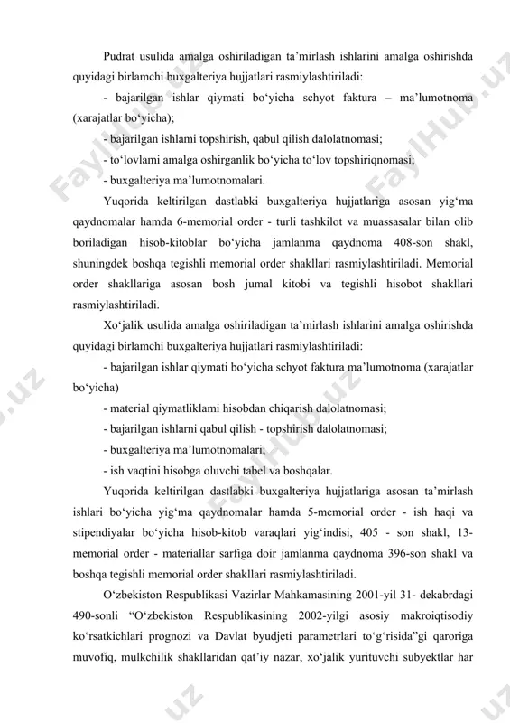‘yicha); - bajarilgan ishlami topshirish, qabul qilish dalolatnomasi; - to‘lovlami amalga oshirganlik bo‘yicha to‘lov topshiriqnomasi; - buxgalteriya ma’lumotnomalari. yuqorida keltirilgan dastlabki buxgalteriya hujjatlariga asosan yig‘ma qaydnomalar hamda 6-memorial order - turli tashkilot va muassasalar bilan olib boriladigan hisob-kitoblar bo‘yicha jamlanma qaydnoma 408-son shakl, shuningdek boshqa tegishli memorial order shakllari rasmiylashtiriladi. memorial order shakllariga asosan bosh jumal kitobi va tegishli hisobot shakllari rasmiylashtiriladi. xo‘jalik usulida amalga oshiriladigan ta’mirlash ishlarini amalga oshirishda quyidagi birlamchi buxgalteriya hujjatlari rasmiylashtiriladi: - bajarilgan ishlar qiymati bo‘yicha schyot faktura ma’lumotnoma (xarajatlar bo‘yicha) - material qiymatliklami hisobdan chiqarish dalolatnomasi; - bajarilgan ishlarni qabul qilish - topshirish dalolatnomasi; - buxgalteriya ma’lumotnomalari; - ish vaqtini hisobga oluvchi tabel va boshqalar. yuqorida keltirilgan dastlabki buxgalteriya hujjatlariga asosan ta’mirlash ishlari bo‘yicha yig‘ma qaydnomalar hamda 5-memorial order - ish haqi va stipendiyalar bo‘yicha hisob-kitob varaqlari yig‘indisi, 405 - son shakl, 13-memorial order - materiallar sarfiga doir jamlanma qaydnoma 396-son shakl va boshqa tegishli …