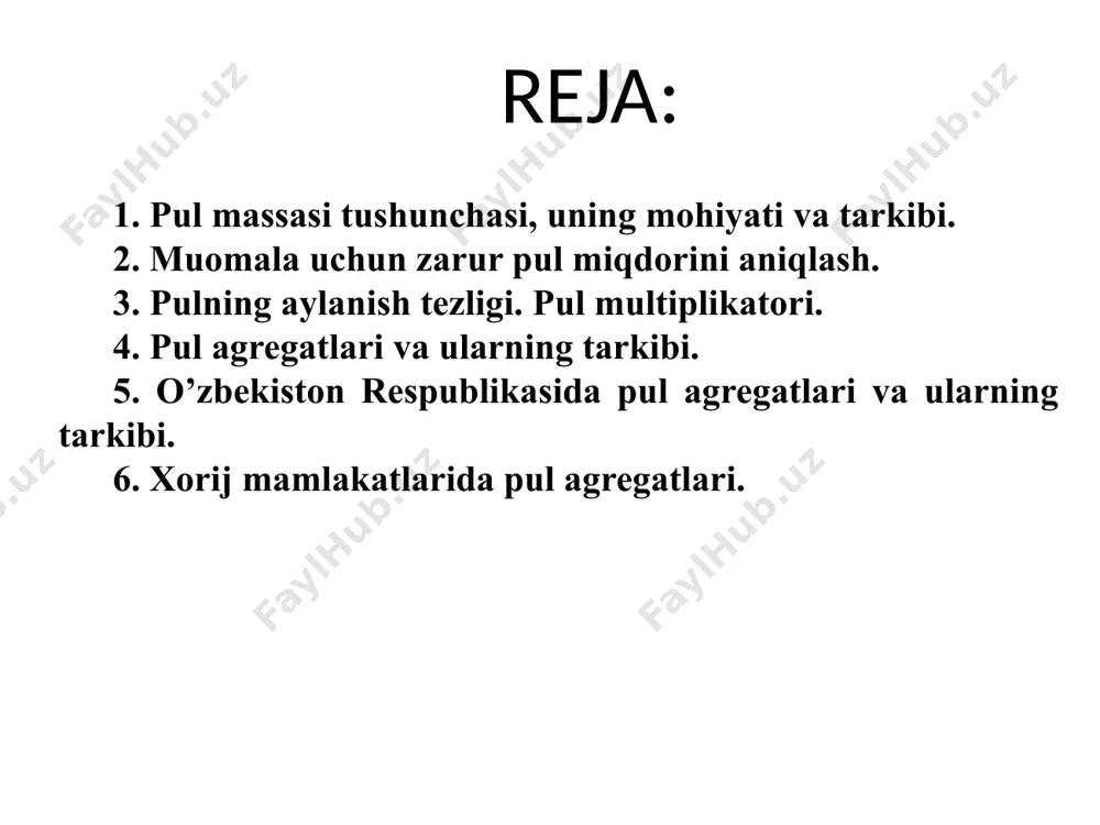 mlakatlarida pul muomalasini amalga oshirish va tartibga solish markaziy banklarga yuklatilgan. bu yerda markaziy banklarning mustaqillik darajasi muhim o’rin tutadi. ayrim davlatlarda misol: ispaniyada markaziy bankning mustaqillik darajasi past. shu jumladan angliyada ham past. shu sababli pul muomalasiga oid muhim qarorlarni qabul qilishda hukumatning roziligi talab qilinadi. markaziy bank pul muomalasini amaldagi qonunchiliklarga qat’iy rioya qilgan holda boshqaradi. bunda eng asosiy qonun hujjati bo’lib “markaziy bank” to’g’risidagi qonun hisoblanadi. pul muomlasini tashkil qilish va tartibga solish bir nechta omillarga asoslanadi: 1. pul-tovar munosabatlarining mavjudligi. 2. pul mablag’larining tovarsiz harakatlanishi. m-n x.yu.s lar va aholi davlatga soliq to’lashi. 3. pul muomlasining me’yoriy huquqiy asoslarining mavjudligi. 4. pul muomalasini tashkil qiluvchi va tartibga soluvchi institutlarning mavjudligidir. odatda pul muomlasini markaziy bank tomonidan tashkil qilinadi va tartibga solinadi. lekin pul muomalasini tashkil qilishda bank tizimining 2-chi pog’onasida turuvchi tijorat banklari rol o’ynaydi. muomala uchun zarur bo‘lgan pul miqdoriga ta’sir ko‘rsatuvchi asosiy omil - …