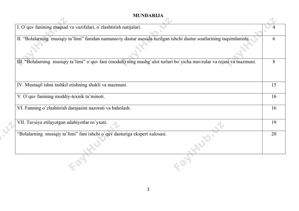 i tashkil eta oladi; bolalarning ijodiy qobiliyatlarini rivojlantiradi; bilimlar · musiqa tarbiyasining mtt da tutgan o’rni; · musiqaga oid ma’lumotlarni va oddiy musiqiy tushunchalari; · o’zbek va jahon mumtoz musiqasining tarixi,o’zbek musiqa madaniyati va ommaviy janrlarining turlari; · musiqa faoliyat turlari tinglash,kuylash musiqa savodi,musiqiy ritmik harakat va bolalar musiqa asboblarida ijroga o’rgatish faoliyatlari; -yosh avlodning musiqiy o’quvini rivojlantirish va milliy qadriyatlarimizni singdirishda axborot texnologiyalaridan foydalanish; ko’nikmalar · musiqaga oid ma’lumotlarni va oddiy musiqiy tushunchalardan foydalanish; · ozbek mumtoz milliy kuy va qo’shiqlarini ifodali ijro etish; · mashg’ulotlarda musiqa faoliyat turlaridan tinglash,kuylash,musiqiy ritmik harakat va bolalar musiqa asboblarida ijroga o’rgatish faoliyatlaridan foydalanishni; · fanni amaliyot bilan bog’lash; bolajonlarga musiqa mashg’ulotida va mashg’ulotdan tashqarida yakkama-yakka yondoshish o’quv rejaga muvofiq o’zaro bog’liq bo’lgan fanning nomi pedagogika,psixologiya maxsus fanlar o’qitishning tashkiliy shakli n-nazariy ta’lim a-amaliy ta’lim na- birgalikda tashkil etilgan nazariy va amaliy mashg’ulotlar dasturga qo’yilgan talab majburiy o’qitish tili guruhga tayinlangan dars tili …