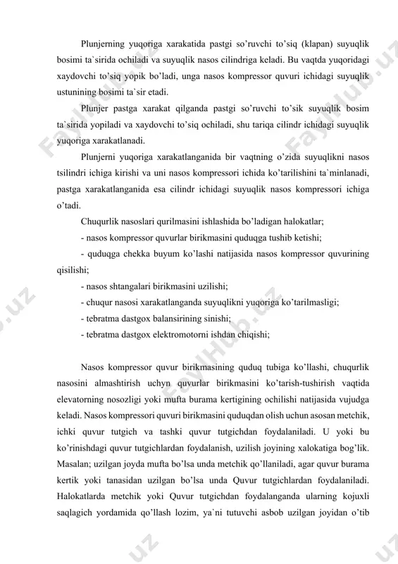 ozim. nasos shtangalari burama kertik birikmalari va shtanga tanasidan uzilishi mumkin, metalning charchashi natijasida. qolib ketgan shtangalarni olish uchun asosan nasos kompressor quvuri birikmasi ko’tariladi. chukurlik nasosini ishdan chikishi so’ruvchi va xaydovchi to’siklarni emirilishi natijasida vujudga keladi va u dinamometrlash usuli bilan aniqlanadi. chukurlik nasoslarini ishlatishda tebratma dastgox balansirining sinish xalokati xam uchrab turadi va u eng og’ir xalokat xisoblanadi. chunki uni ta`mirlash ko’p vaqt talab etadi, bu esa ko’p maxsulot olishning yuqotilishiga olib keladi. bunday halokatlar tebratma dastgoxga qilinadigan profilaktik ishlarni o’z vaqtida bajarilmasligi sababli vujudga keladi. asosan biriktirilgan joylarni qotirilmasligi, moylanmasligi xam bu turdagi halokatlarni keltirib chiqaradi. tebratma dastgoxni xarakatga keltiruvchi elektromotorning ishdan chiqishiga asosan ikki sabab mavjud: - elektr tarmoqning ishdan chiqishi (qisqa tutashuv); - balansir boshchasiga tushadigan ogirlikning ortishi. buni ta`mirlashda xam ko’p vaqt sarflanadi va bu esa o’z navbatida olinadigan maxsulotni kamayishiga sabab bo’ladi. quduqlarni favvora usulida ishlatishdagi halokatlar. quduqlarni favvora ishlatishda, maxsulotni flanetsli birikmalar …